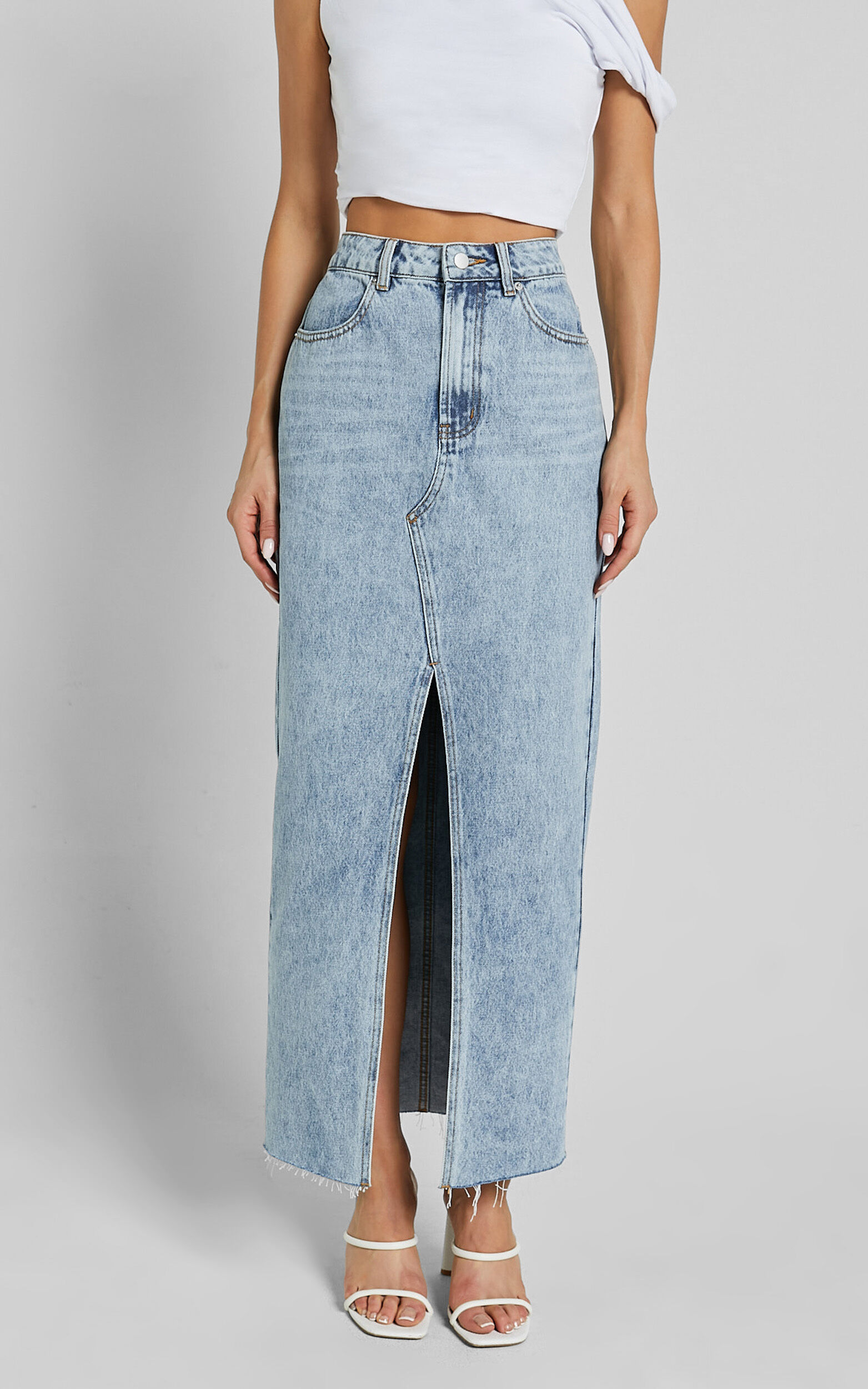 Kira Midi Skirt - Front Split Denim Skirt in Light Blue Wash