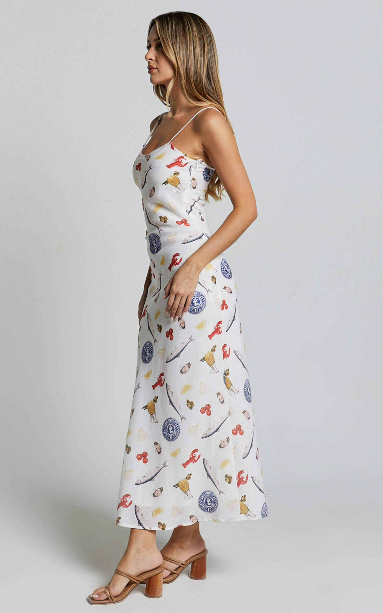 Jamilla Midi Dress - Bias Cut Linen Midi Slip Dress in Seaside Print