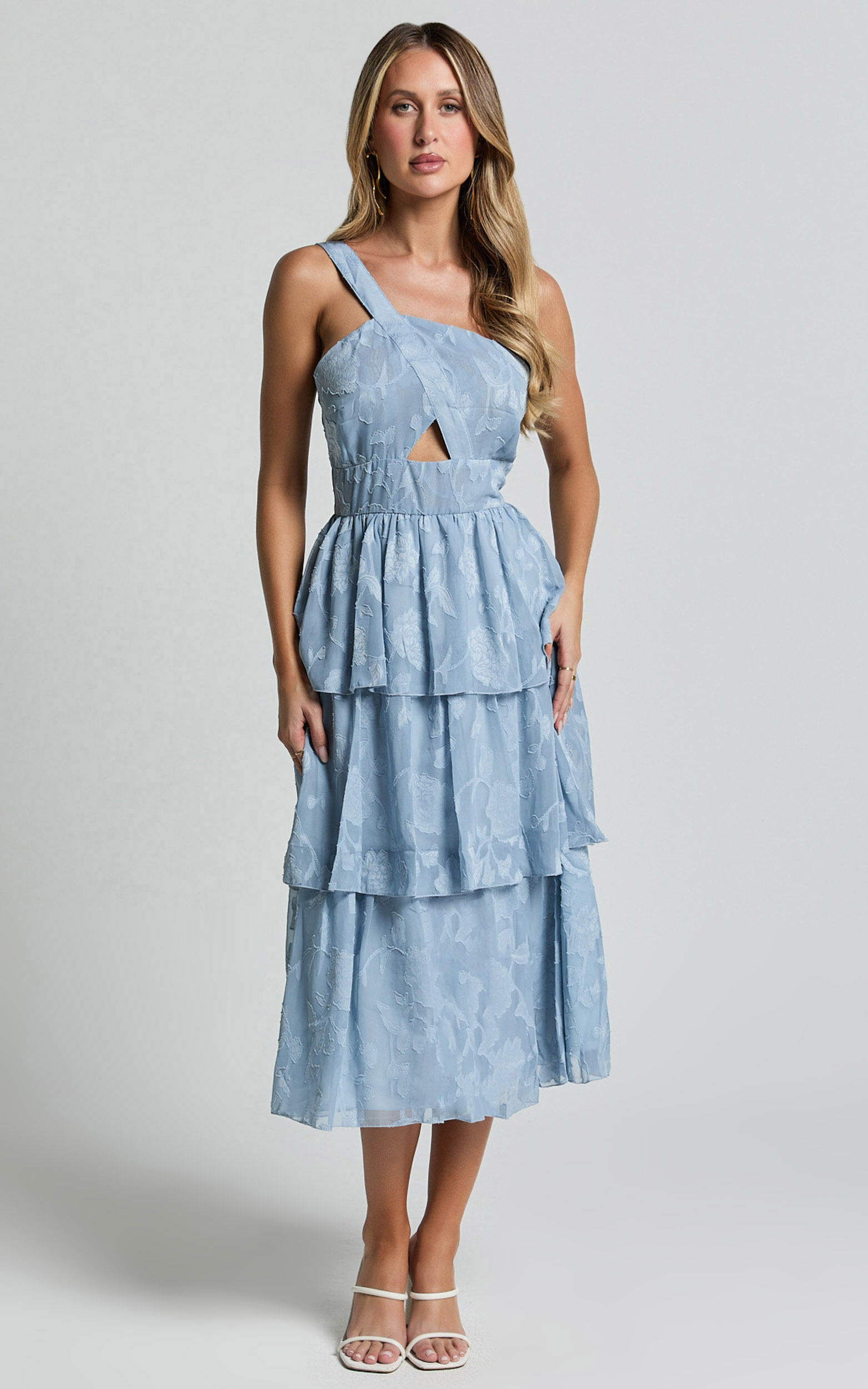 Alvinia Midi Dress - One Shoulder Cut Out Tiered Dress in Light Blue