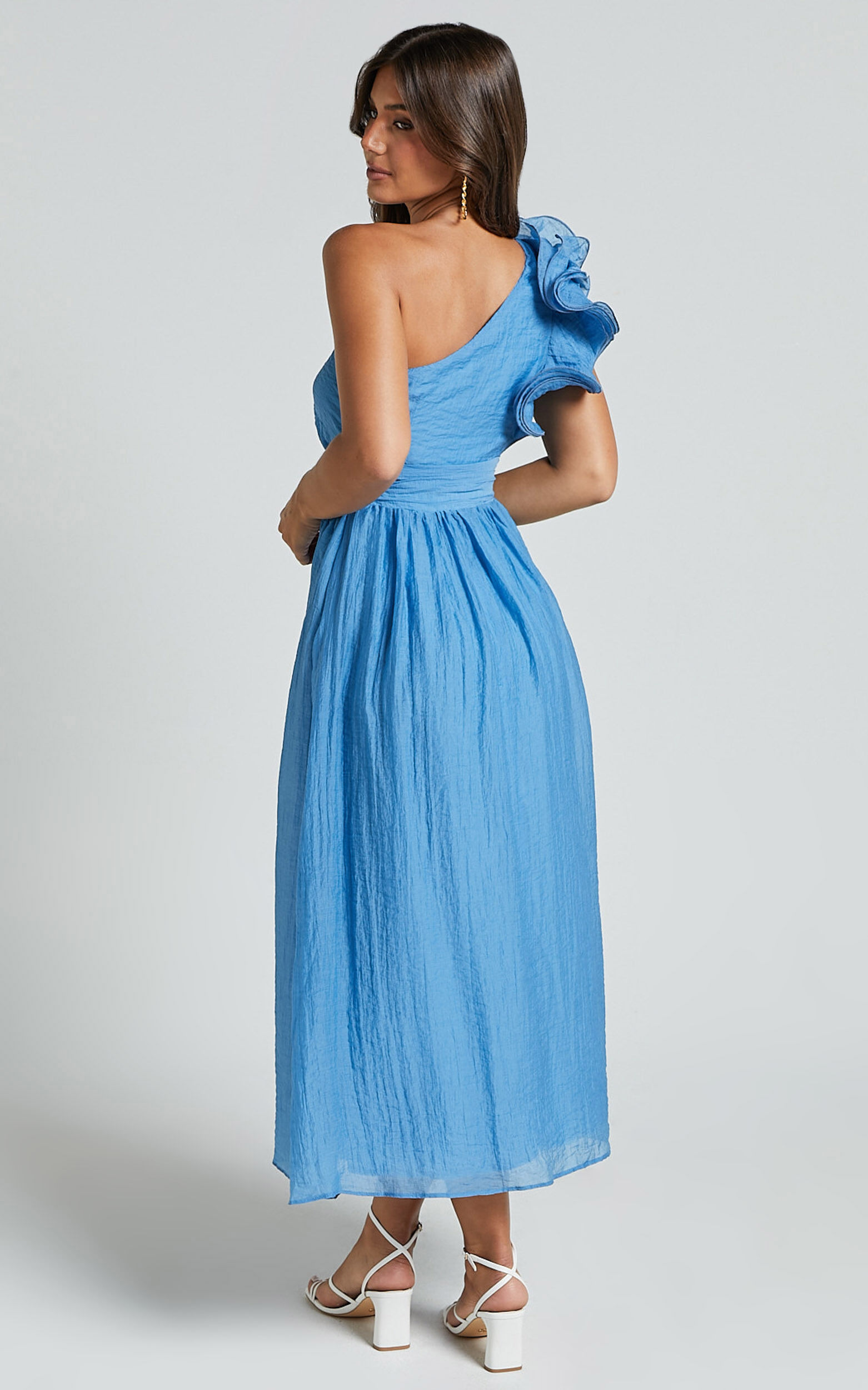 Dorothy Midi Dress - One Shoulder Frill Detail Fit and Flare Dress in Sky Blue