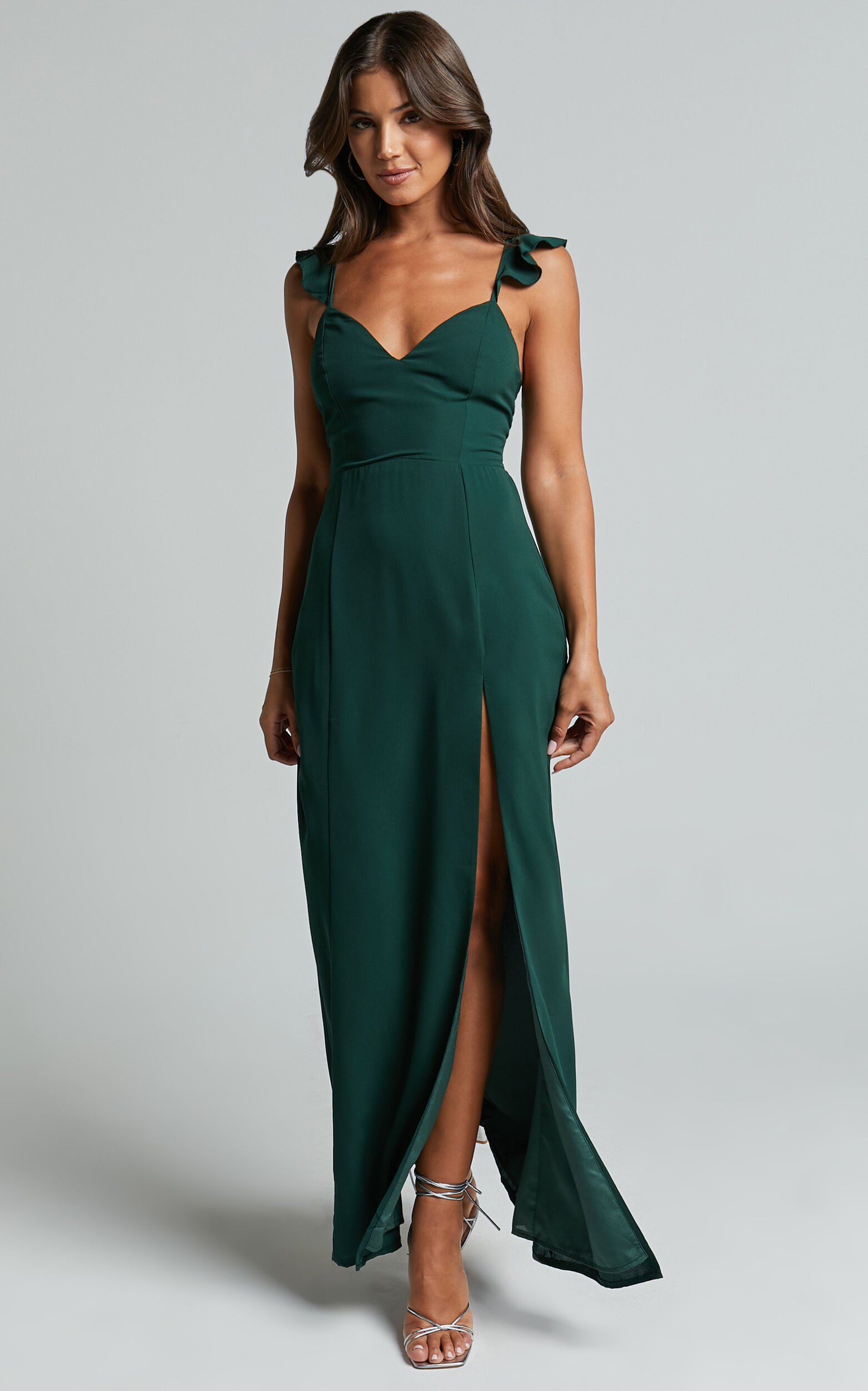 More Than This Maxi Dress - Ruffle Strap Thigh Split Dress in Emerald
