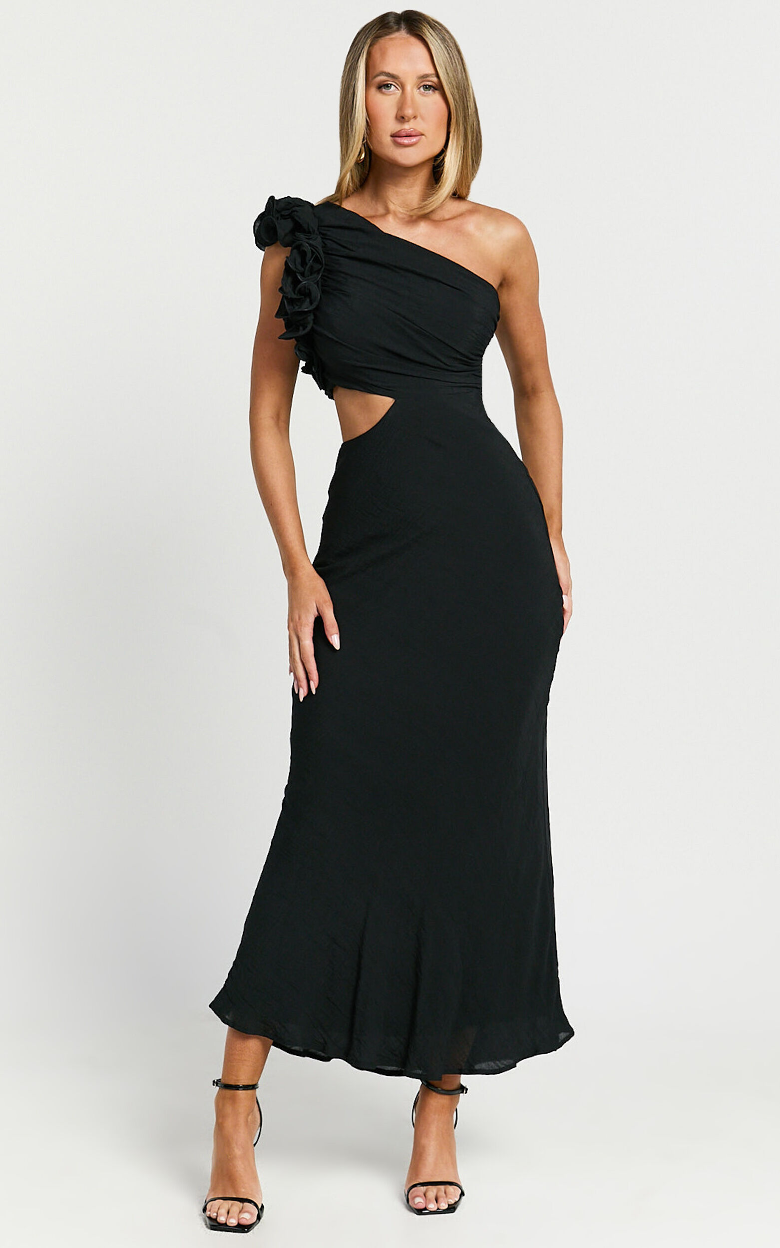 Anessa Midi Dress - One Shoulder Ruffle Detail Side Cut Out Dress in Black
