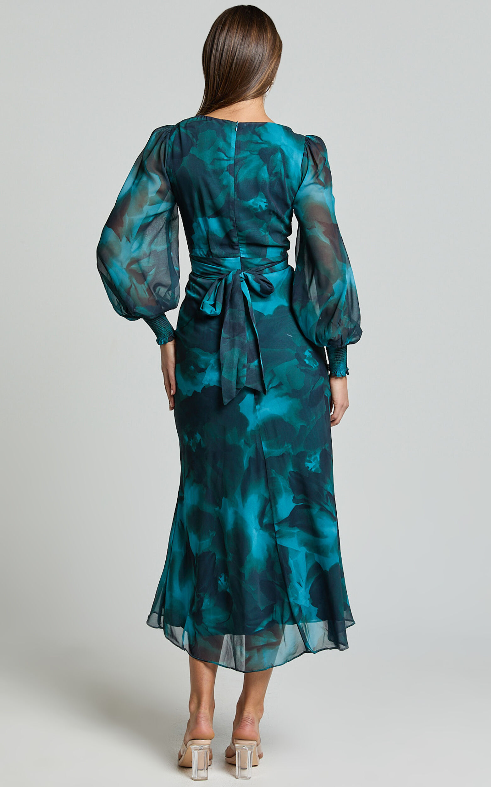 Artelia Midi Dress - V Neck Long Sleeve Slip Dress in Emerald