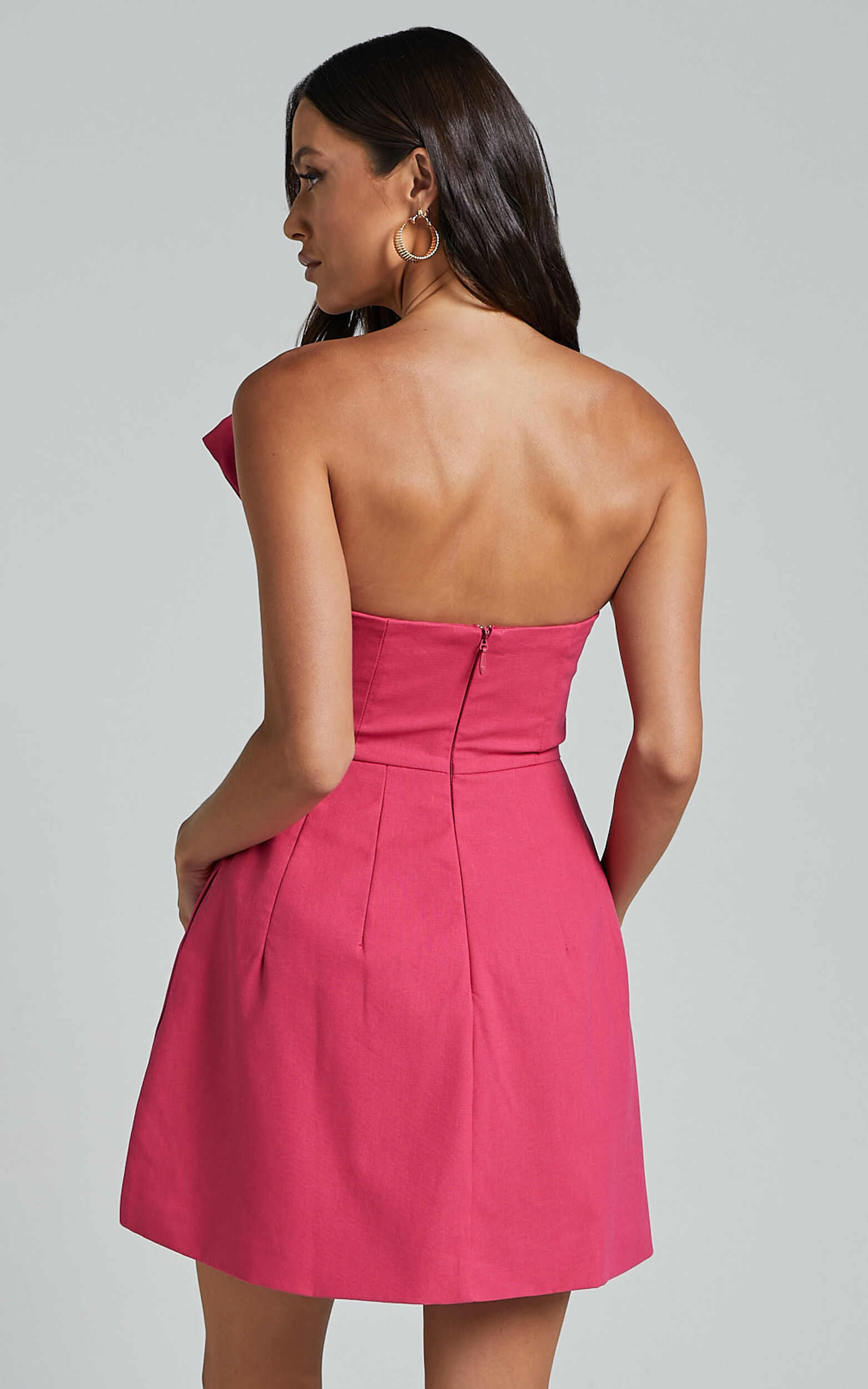 Chika Mini Dress - Linen Strapless Front Bow Dress in Peony Pink