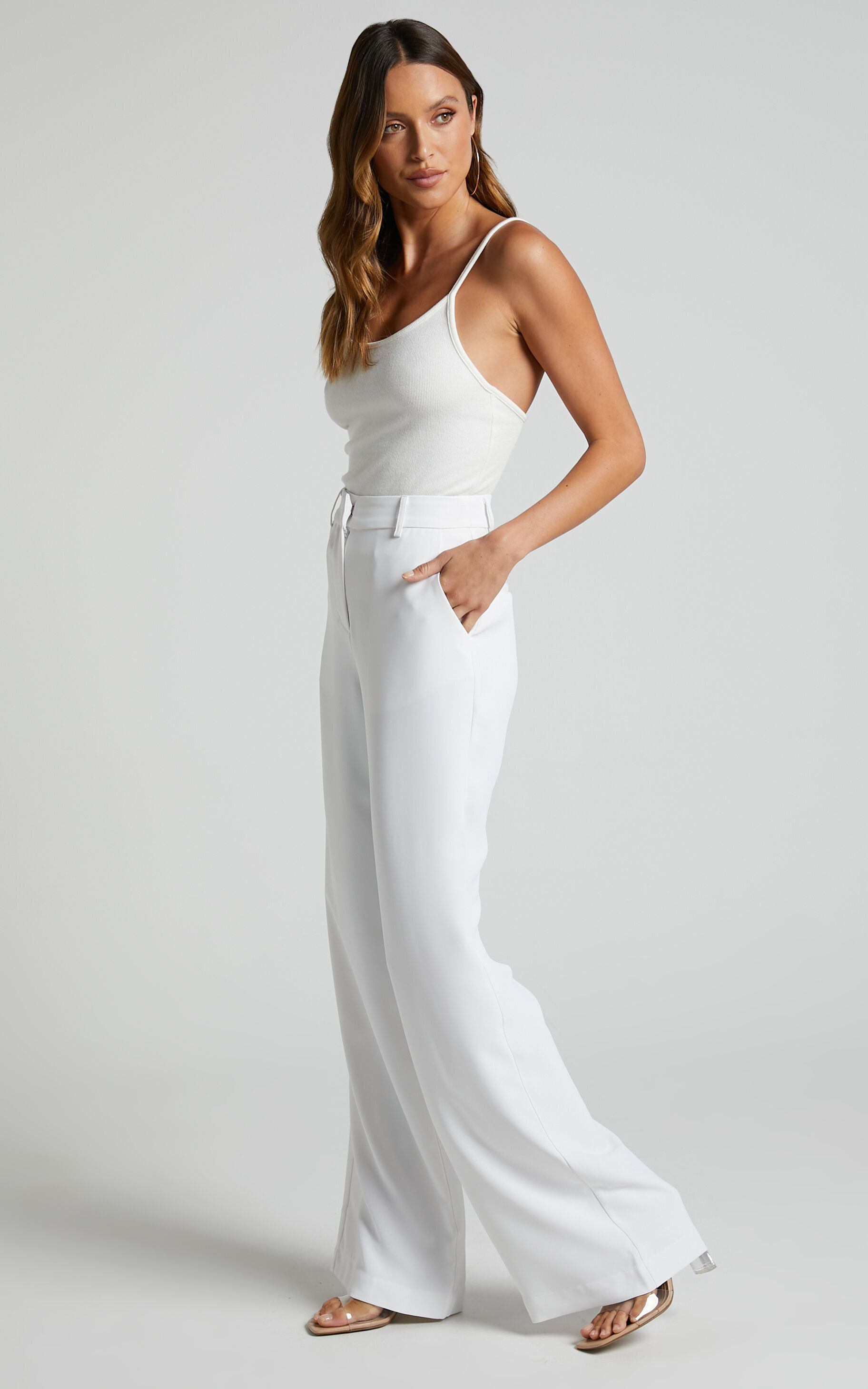 Bonnie Pants - High Waisted Tailored Wide Leg Pants in White