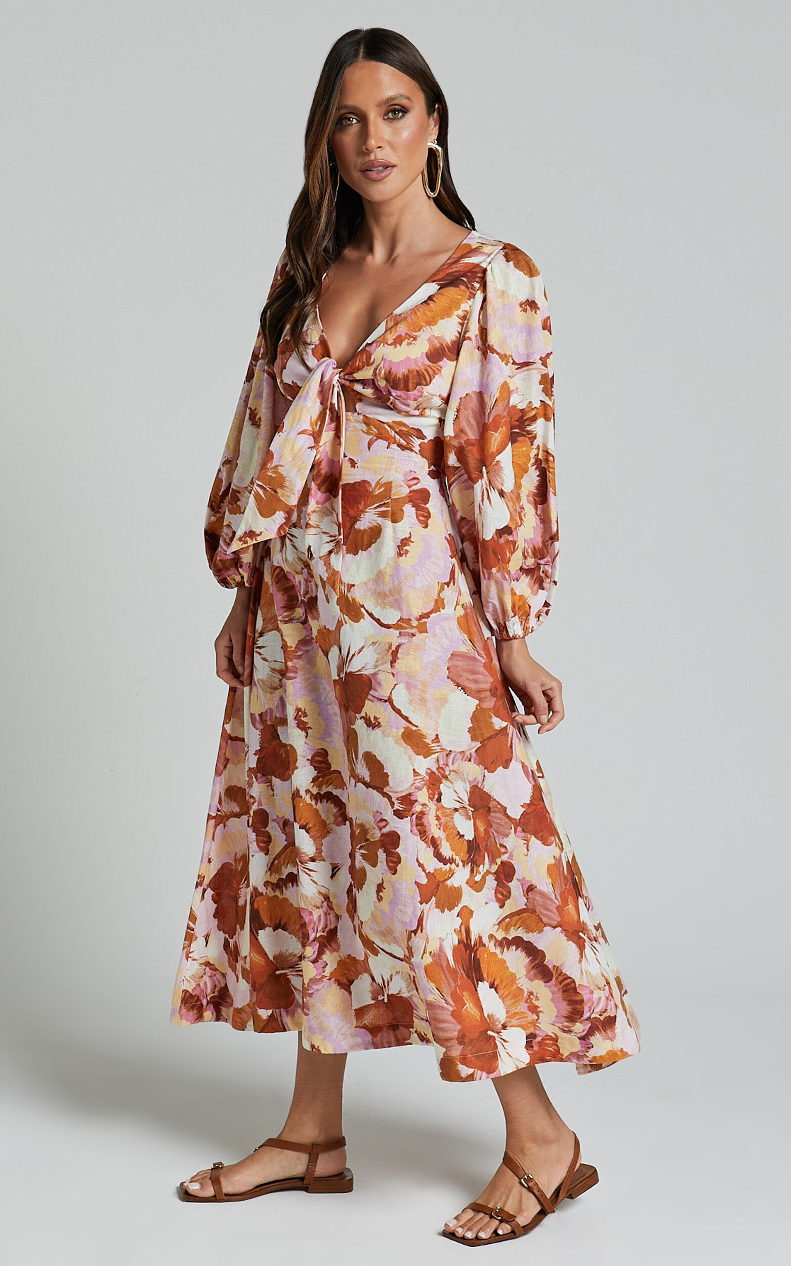Amalie The Label - Chevonne Linen Blend Tie Front Puff Sleeve Maxi Dress in Baku Print