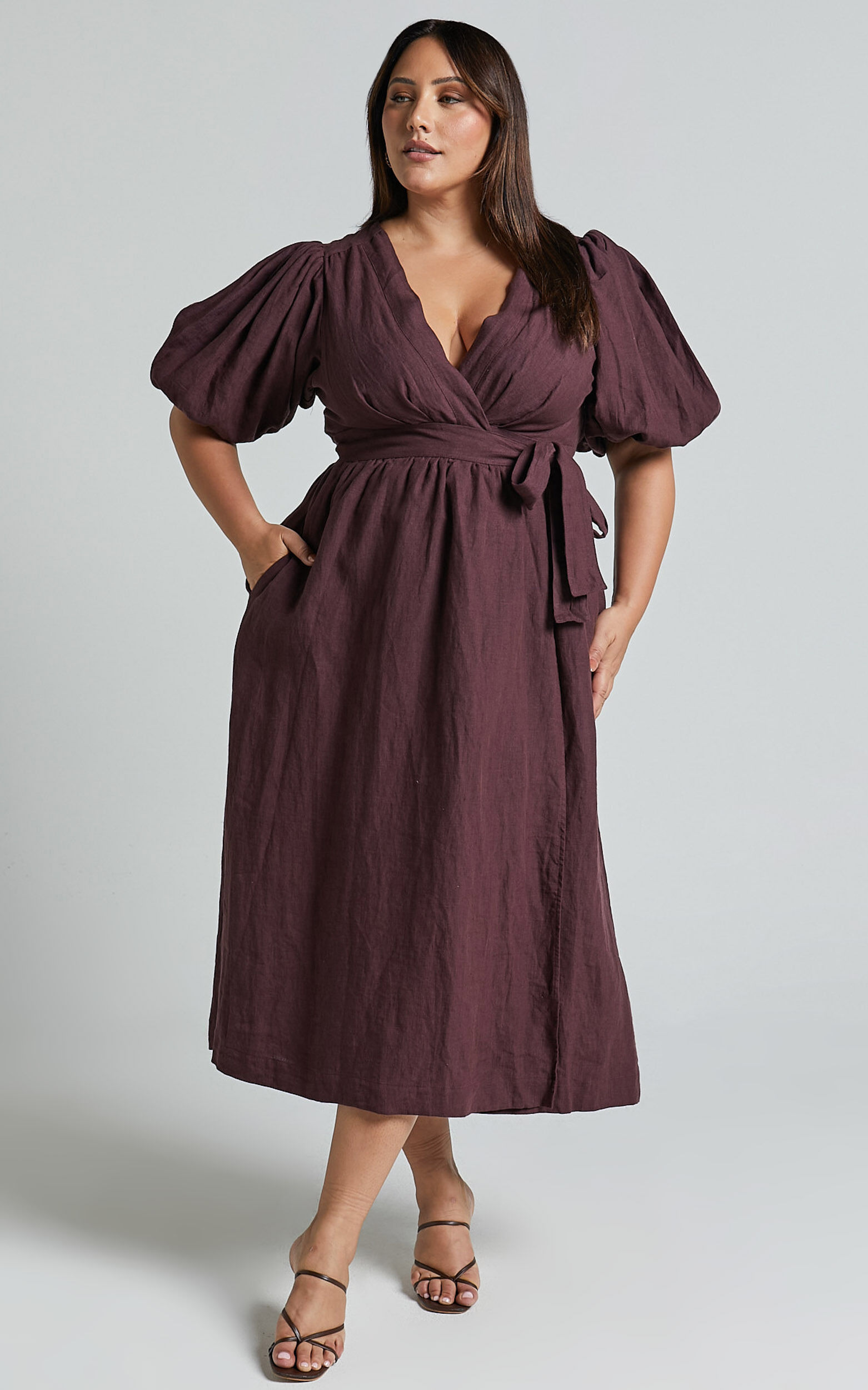 Amalie The Label - Franc Linen Puff Sleeve Wrap Midi Linen Dress in Dark Plum