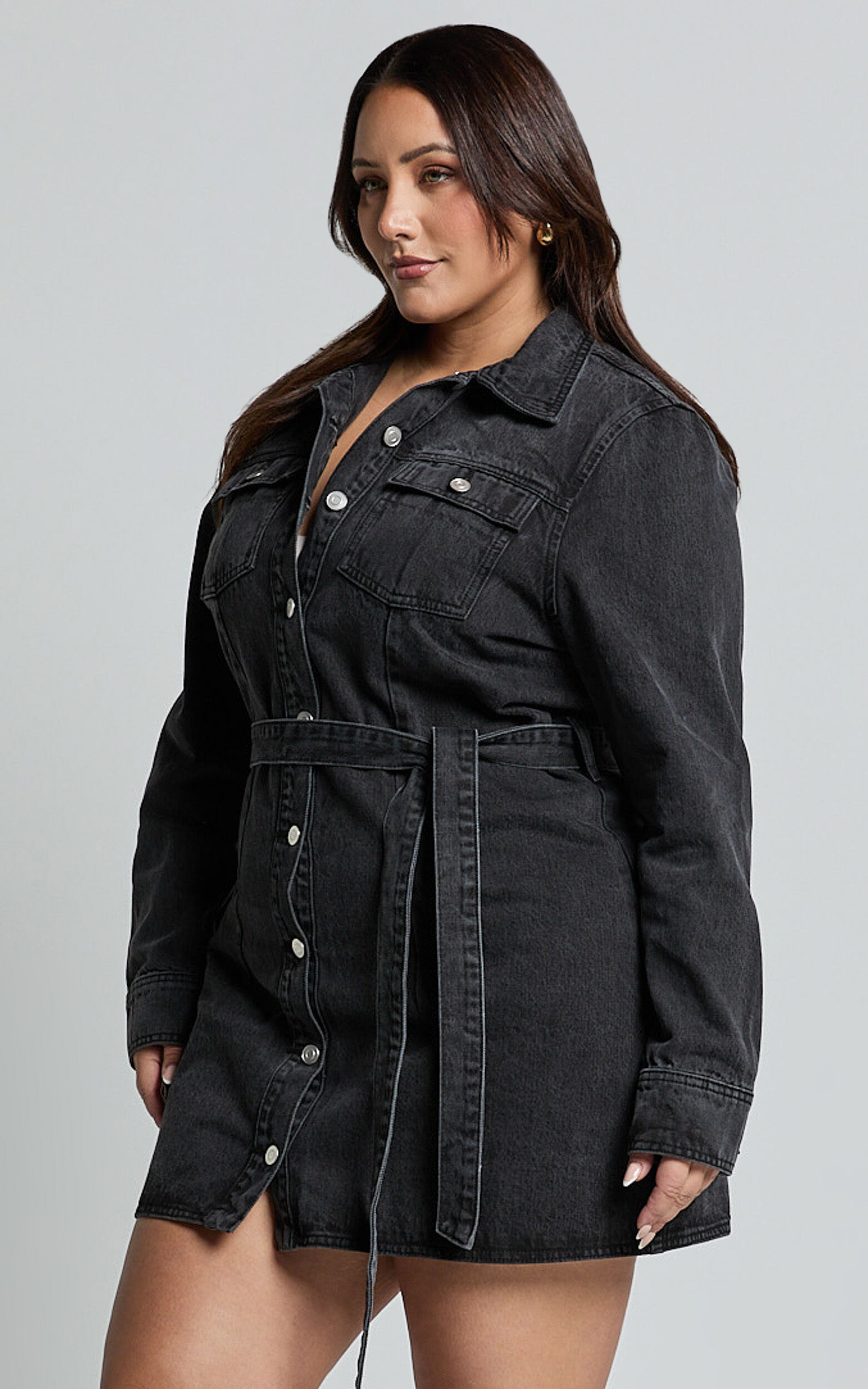 Enriquetta Mini Dress - Cotton Denim Long Sleeve Button Up Dress in Washed Black