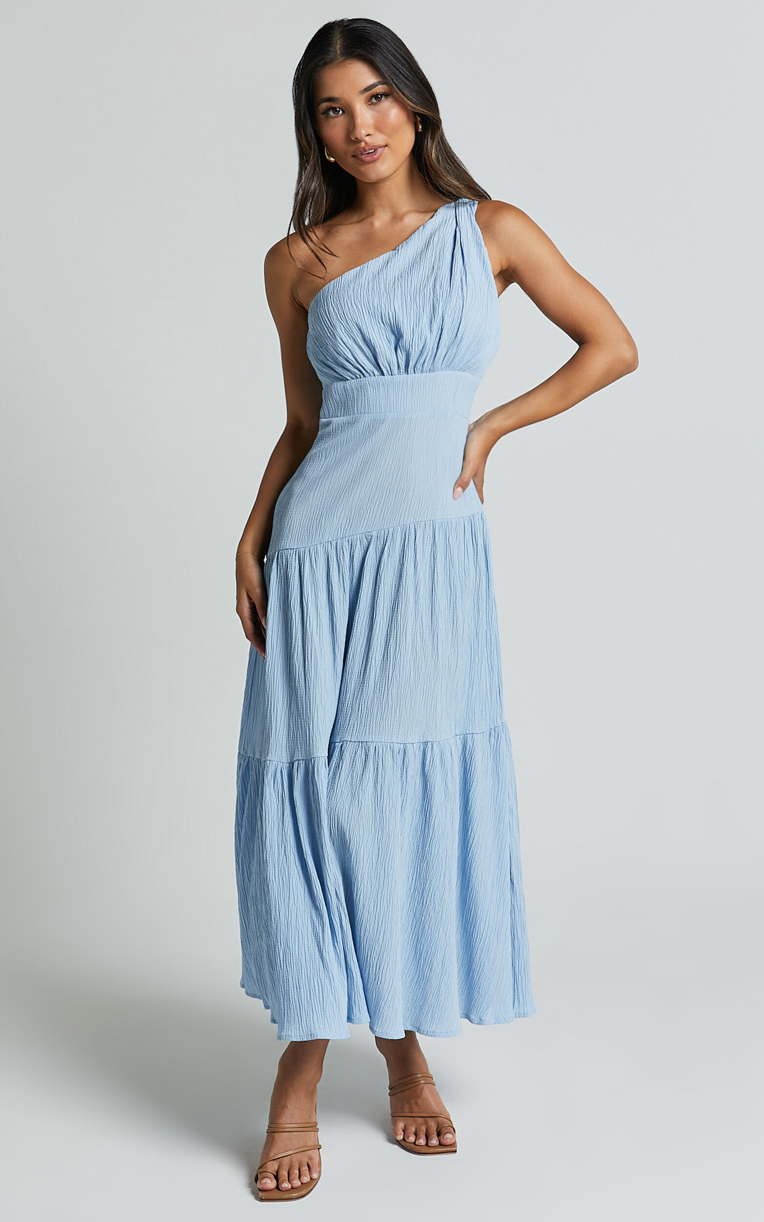 Celestia Midi Dress - Tiered One Shoulder Dress in Soft Blue