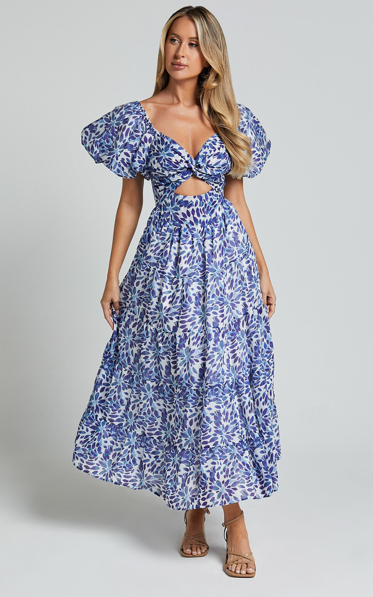 Nelrose Midi Dress - Short Puff Sleeve Front Cut Out Dress in Blue Print