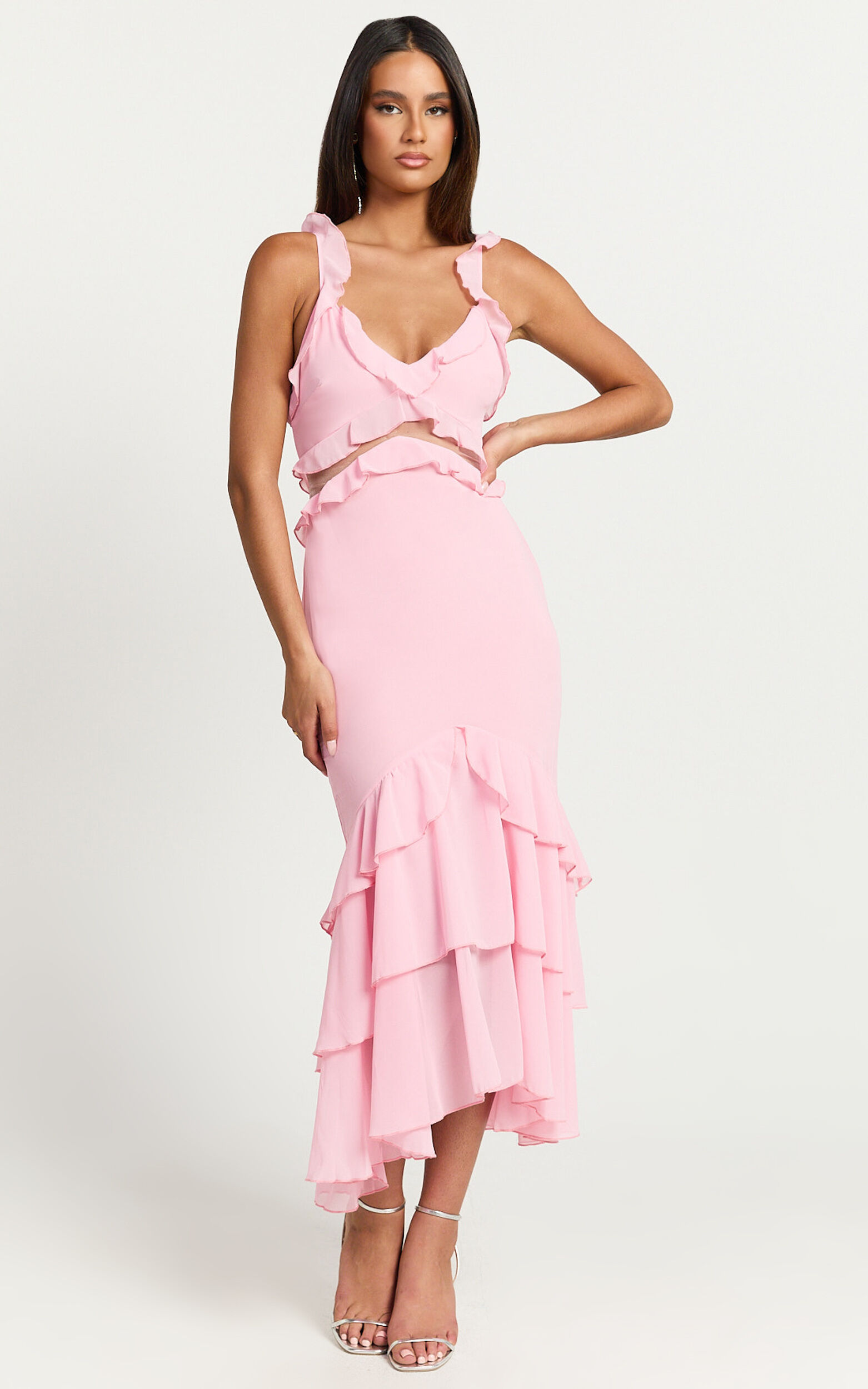 Hattie Midi Dress - Ruffle Detail V-neck Dress in Pink
