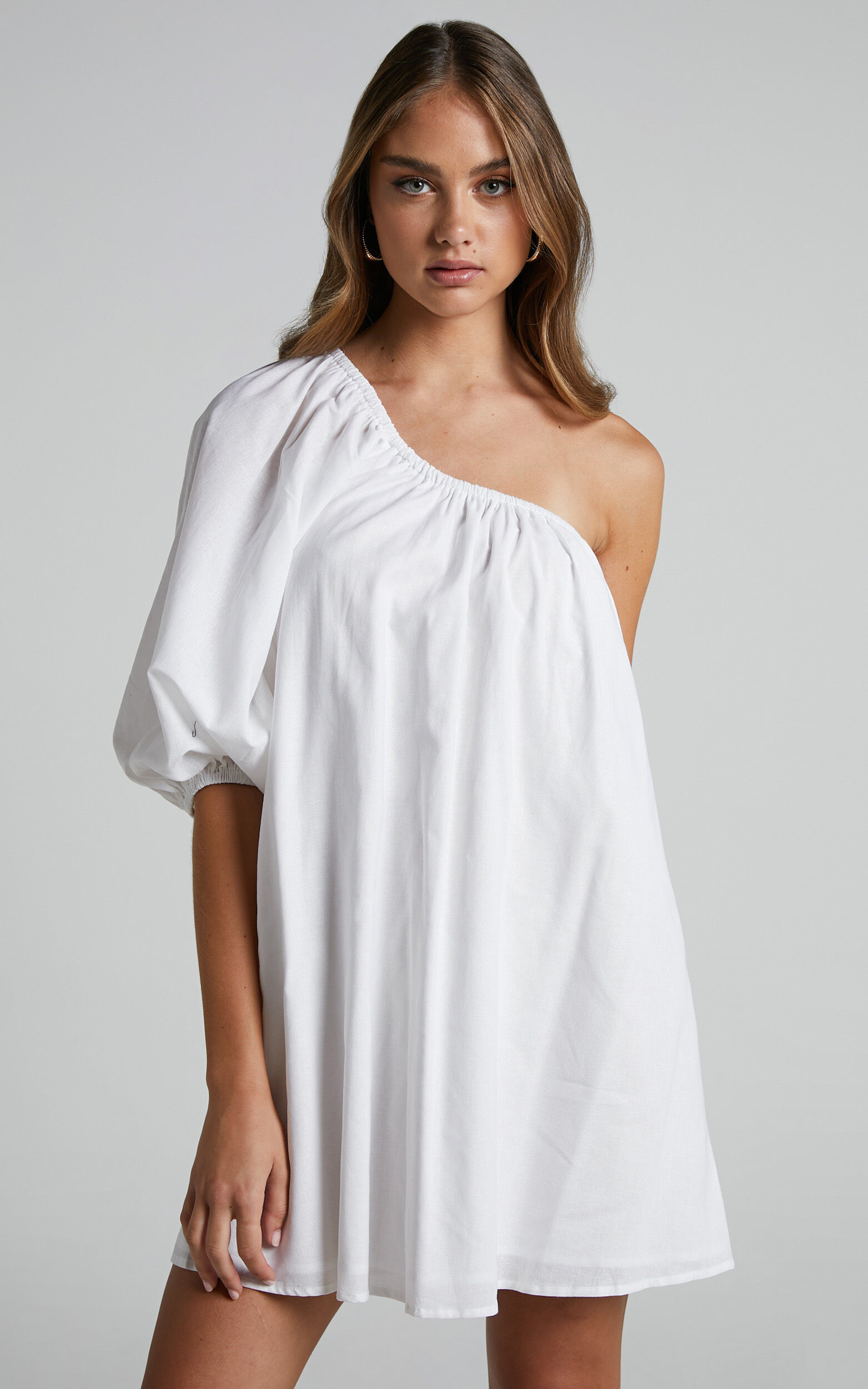 Estella Mini Dress - One Shoulder Puff Sleeve Shift Dress in White