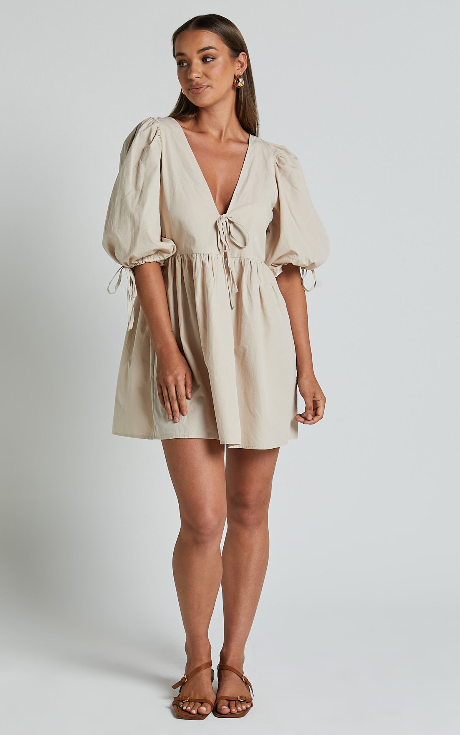 Rosita Mini Dress - Tie Front Puff Sleeve Dress in Stone