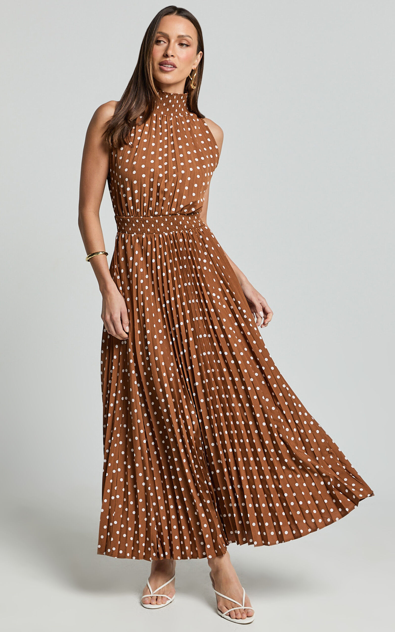 Jacynthia Midi Dress - Pleated High Neck Dress in Chocolate/White