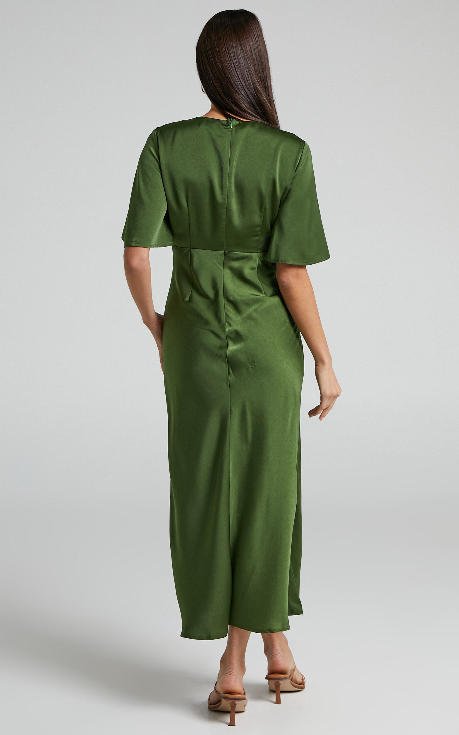 Nicholla Midi Dress - Ruched Front Angel Sleeve Slip Dress in Olive