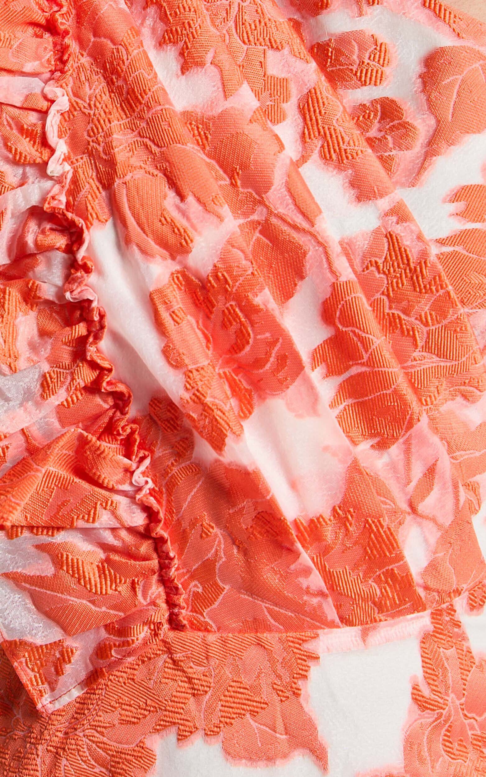 Alfreda Midi Dress - One Shoulder Ruffle Detail Brailey Jacquard Dress in Orange Jacquard