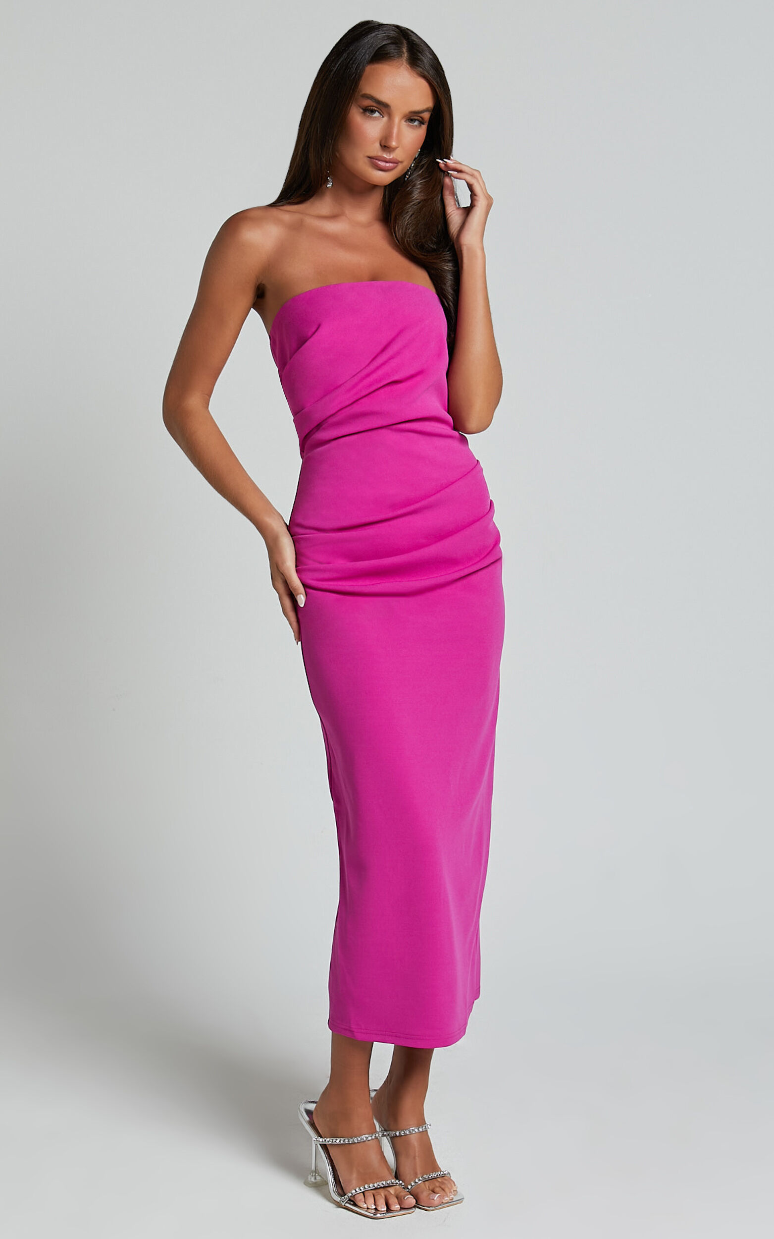 Calanthe Midi Dress - Strapless Tuck Detail Dress in Orchid