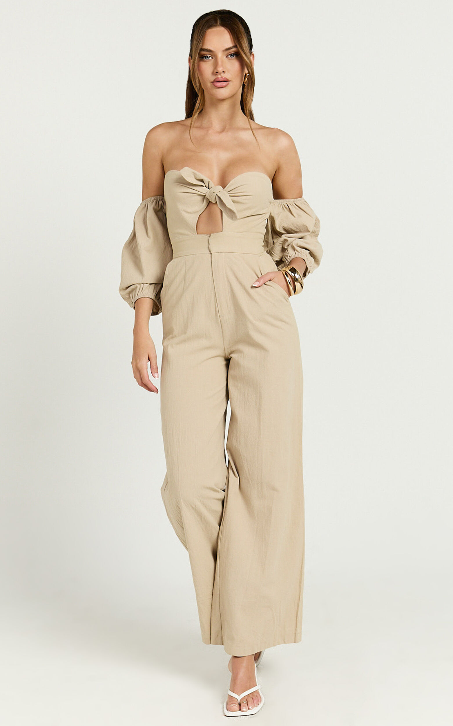 Maja Jumpsuit - Front Tie Off Shoulder Jumpsuit in Sand