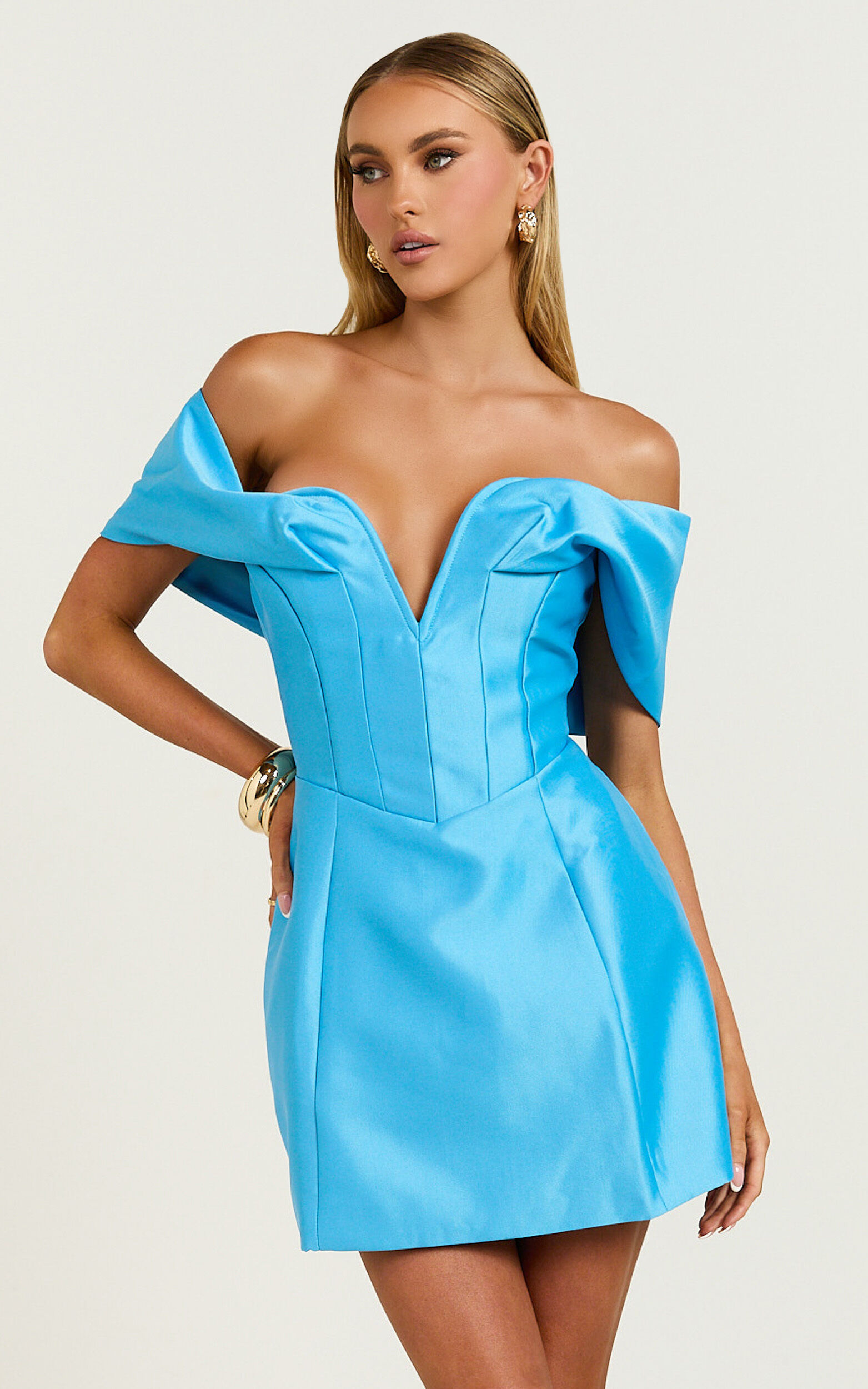 Jayce Mini Dress - Plunge Neck Off Shoulder Tulip Dress in Blue