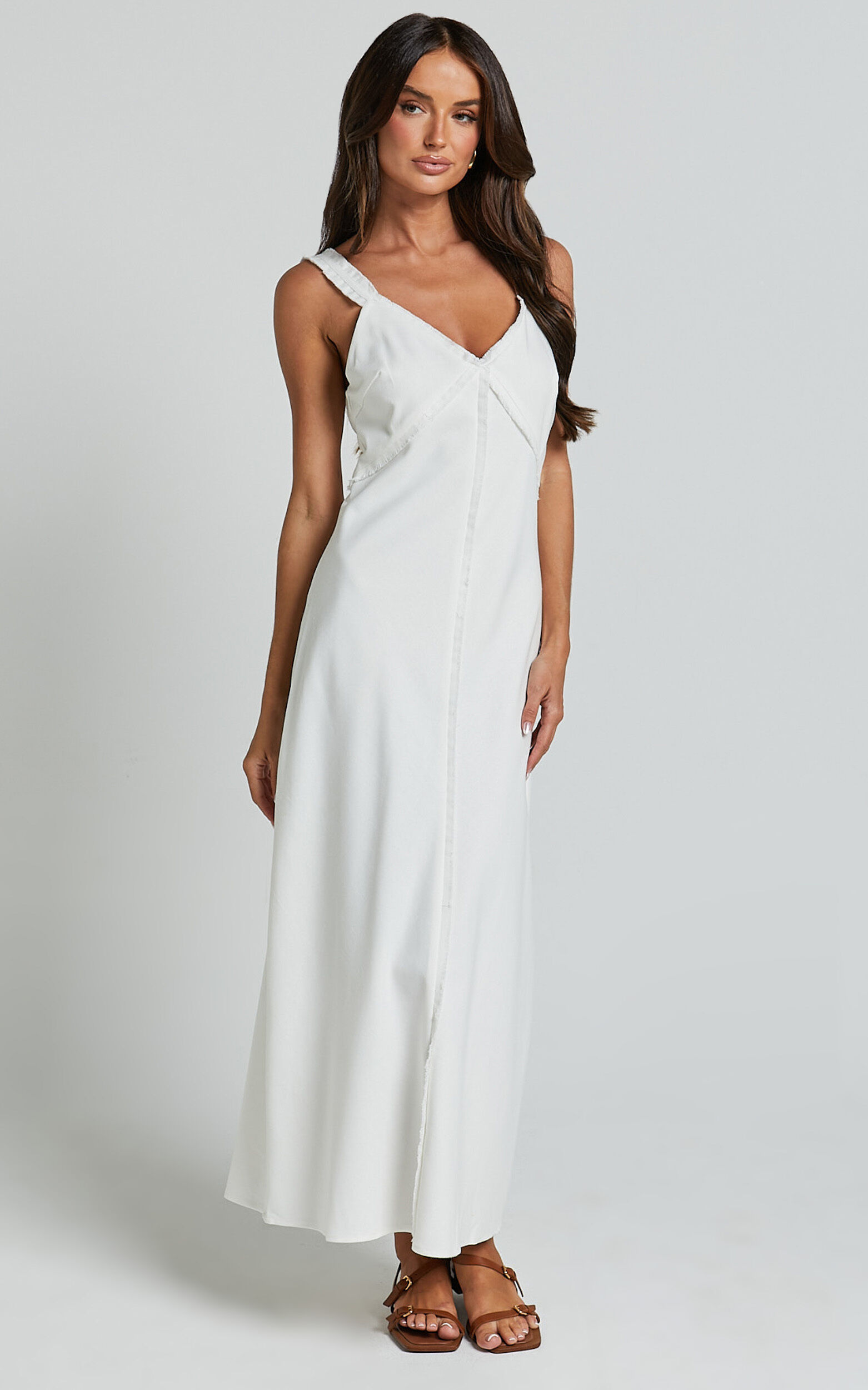 Mikella Midi Linen Dress - Linen Exposed Seam Shift Dress in White