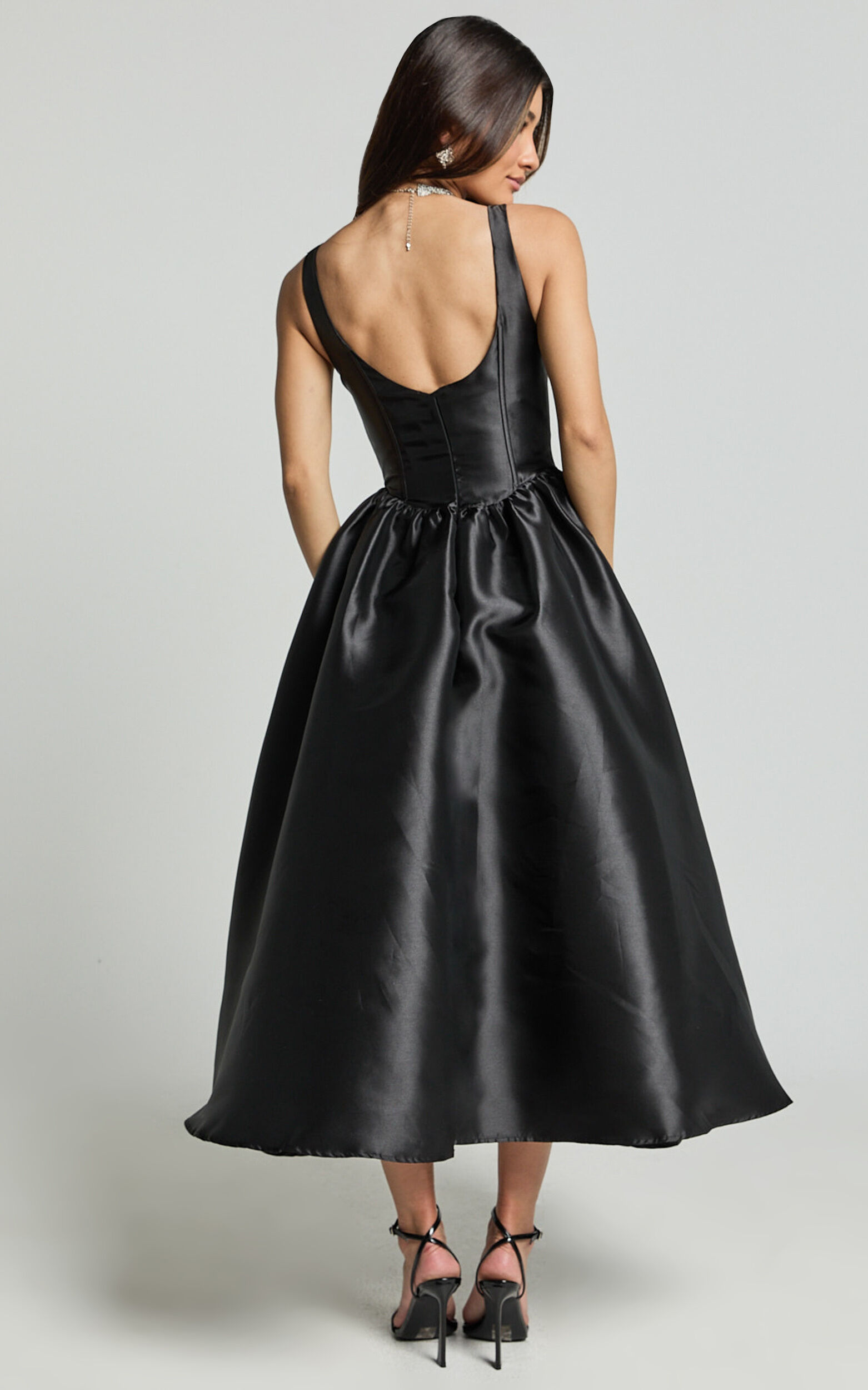 Courtney Midi Dress - Corset Panel Low Back Dress in Black