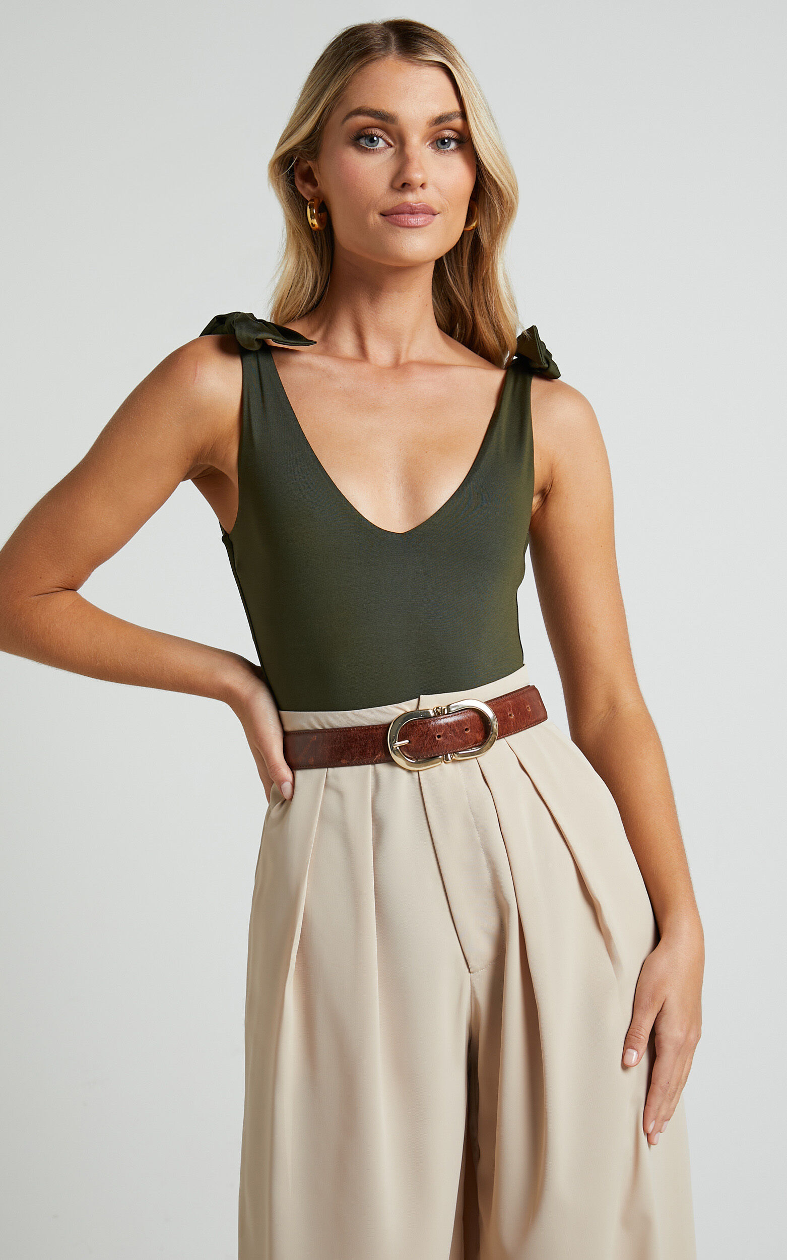 Ryley Bodysuit - V Neck Tie Up Bodysuit in Olive