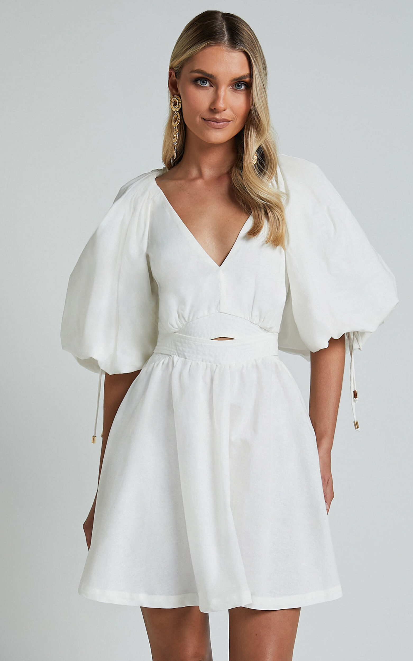 Amalie The Label - Movida Linen Blend Balloon Sleeve Crossover Band Mini Dress in White