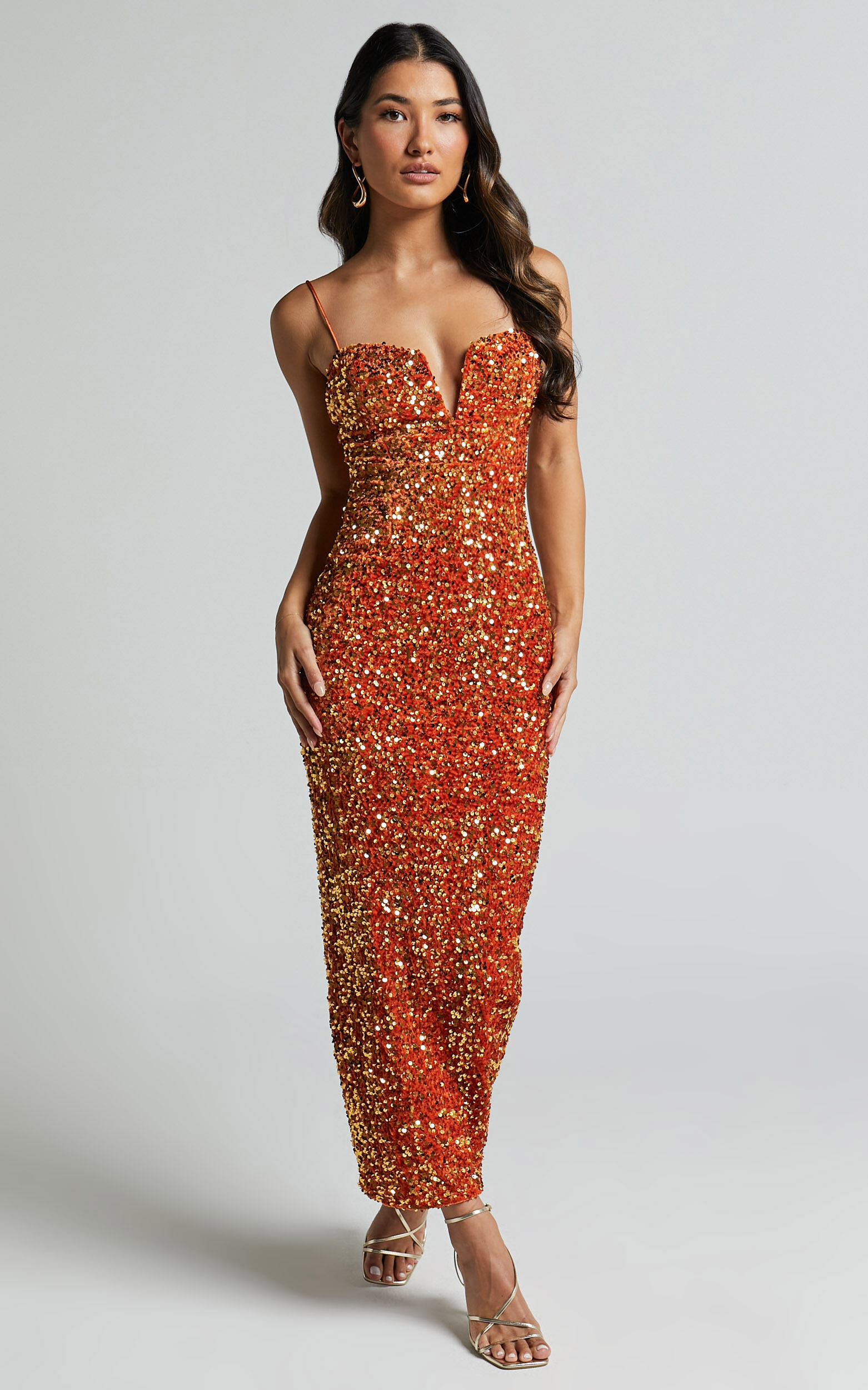 Rayner Midi Dress - V Bar Sequin Bodycon Dress in Copper