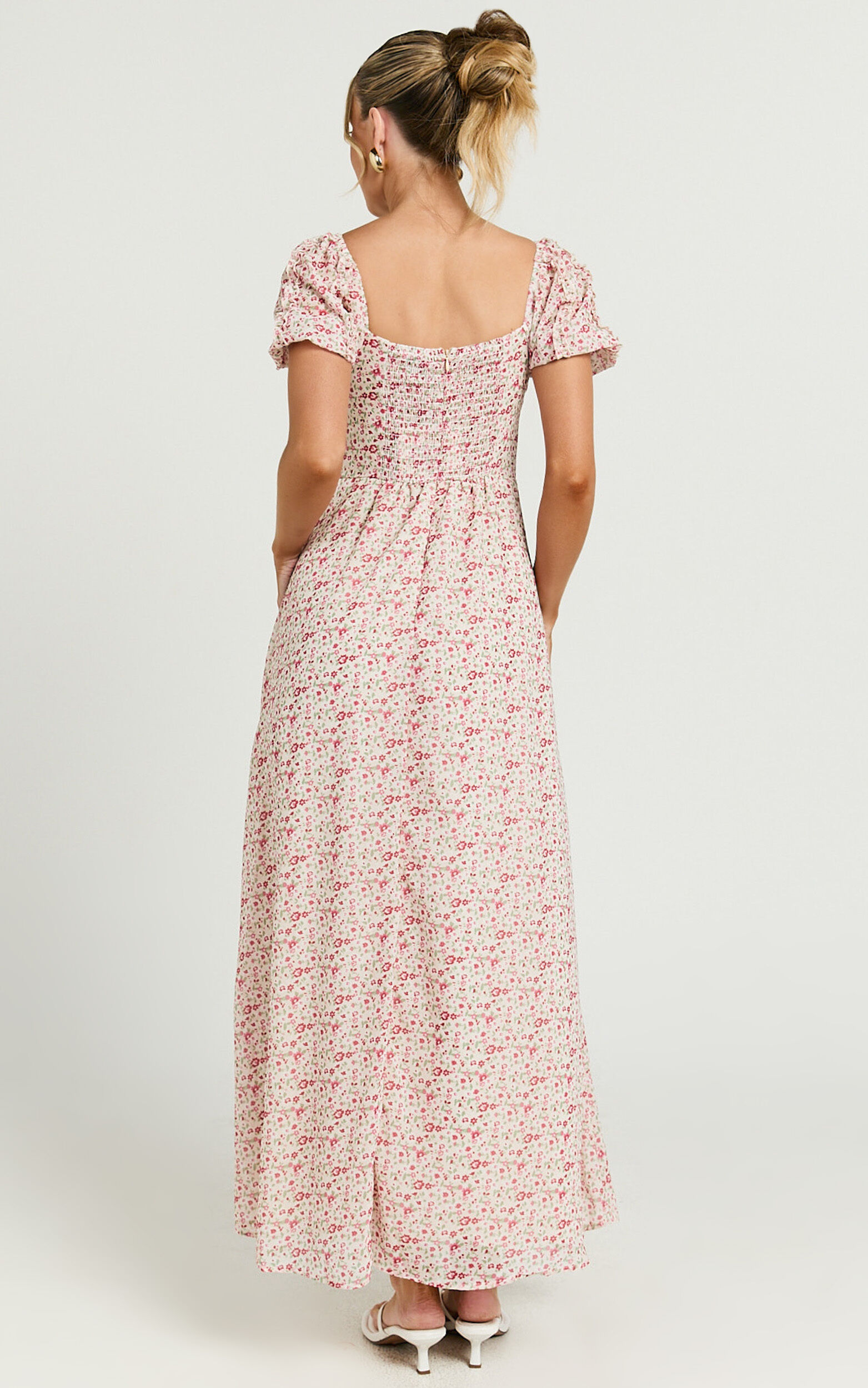 Rhylene Midi Dress - Puff Sleeve Tie Front Detail Midi Dress in Rosy Floral