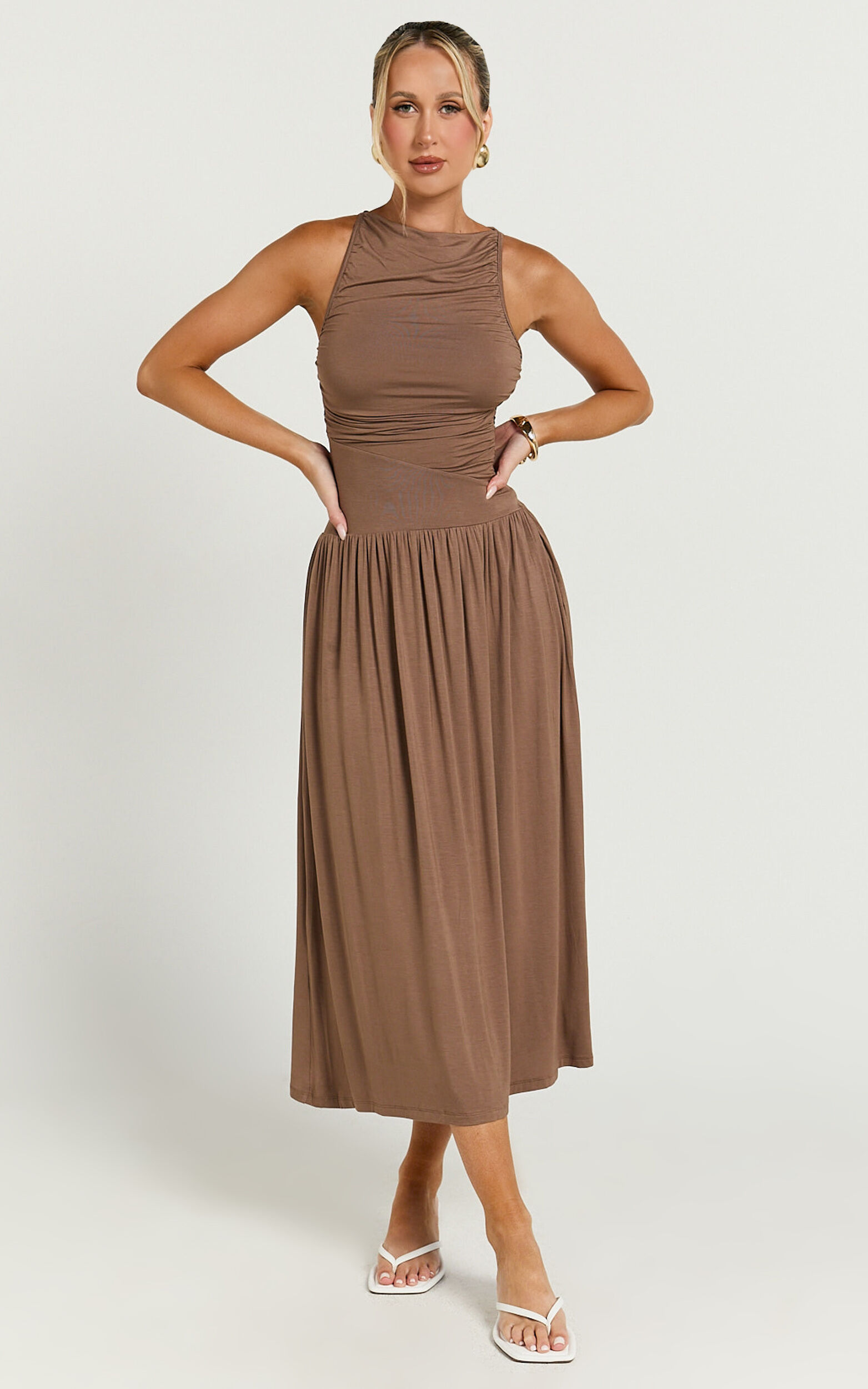 Anciel Midi Dress - Ruched Drop Waist Dress in Chocolate
