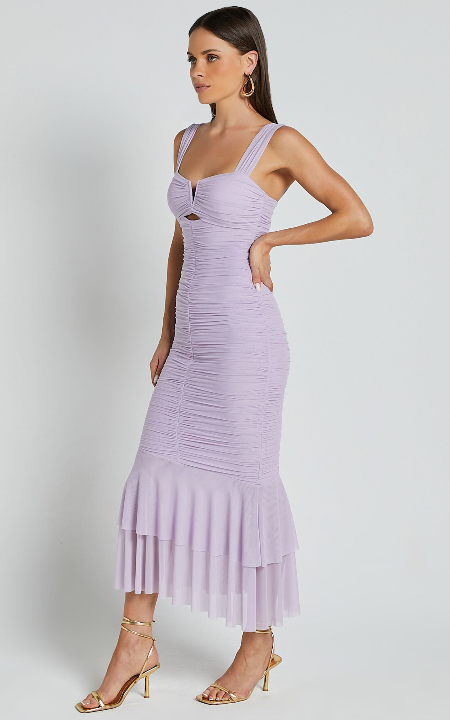 Kody Midi Dress - Bodycon Ruched Mesh Cut Out Dress in Lilac