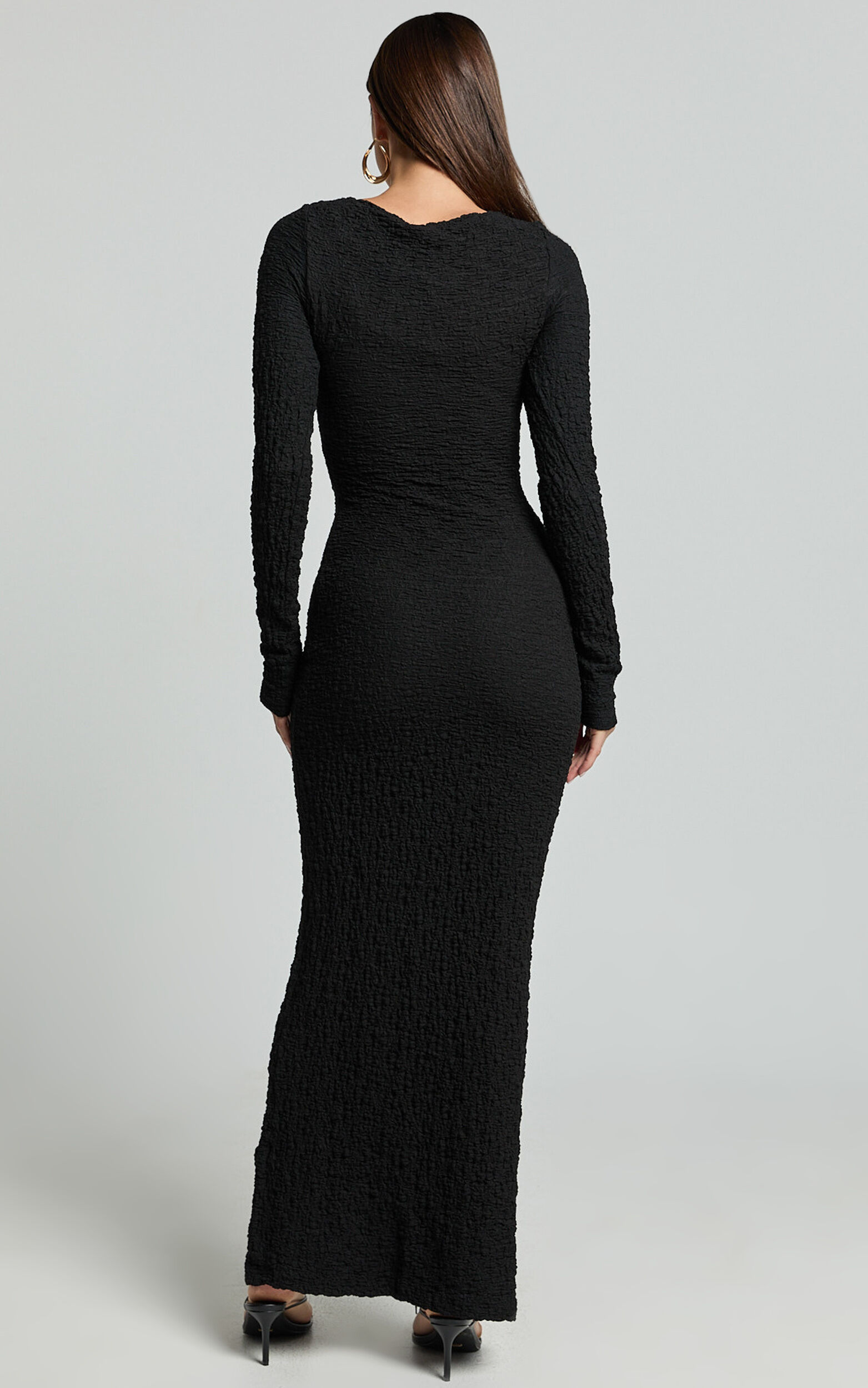 Amy Midi Dress - Scoop Long Sleeve Bodycon Dress in Black