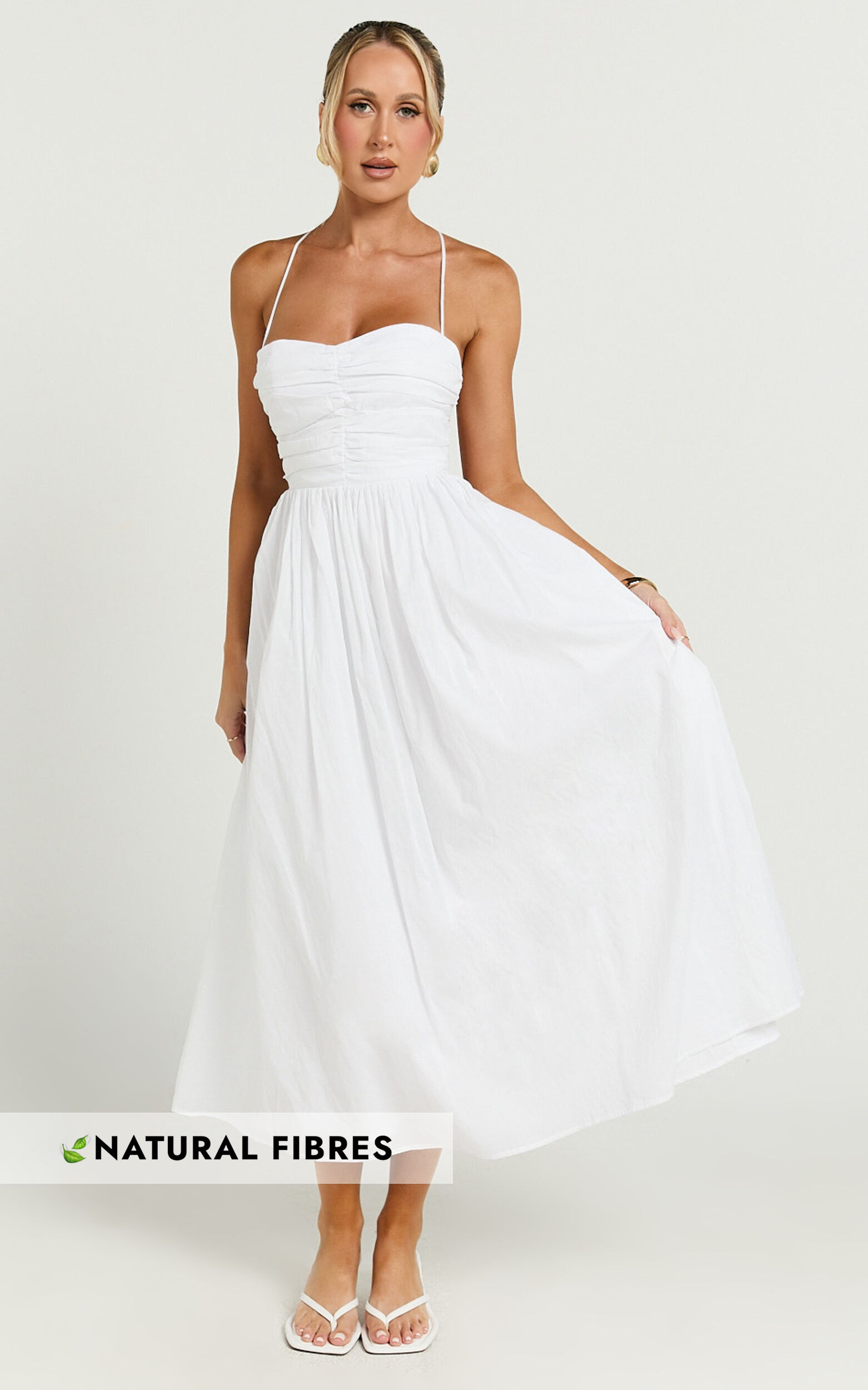 Caroline Midi Dress - Strapped Ruched Bodice Gathered Skirt Dress in White