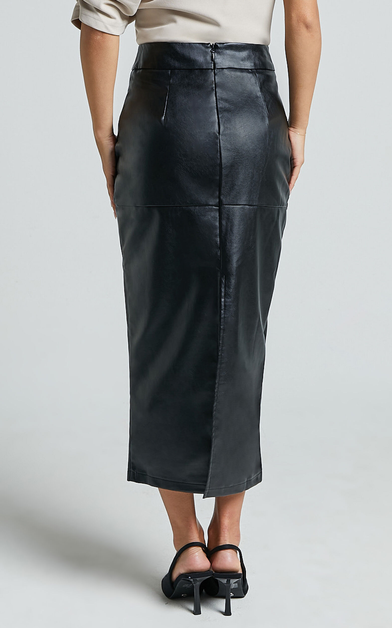 Emma Midi Skirt - High Waisted Faux Leather Skirt in Black