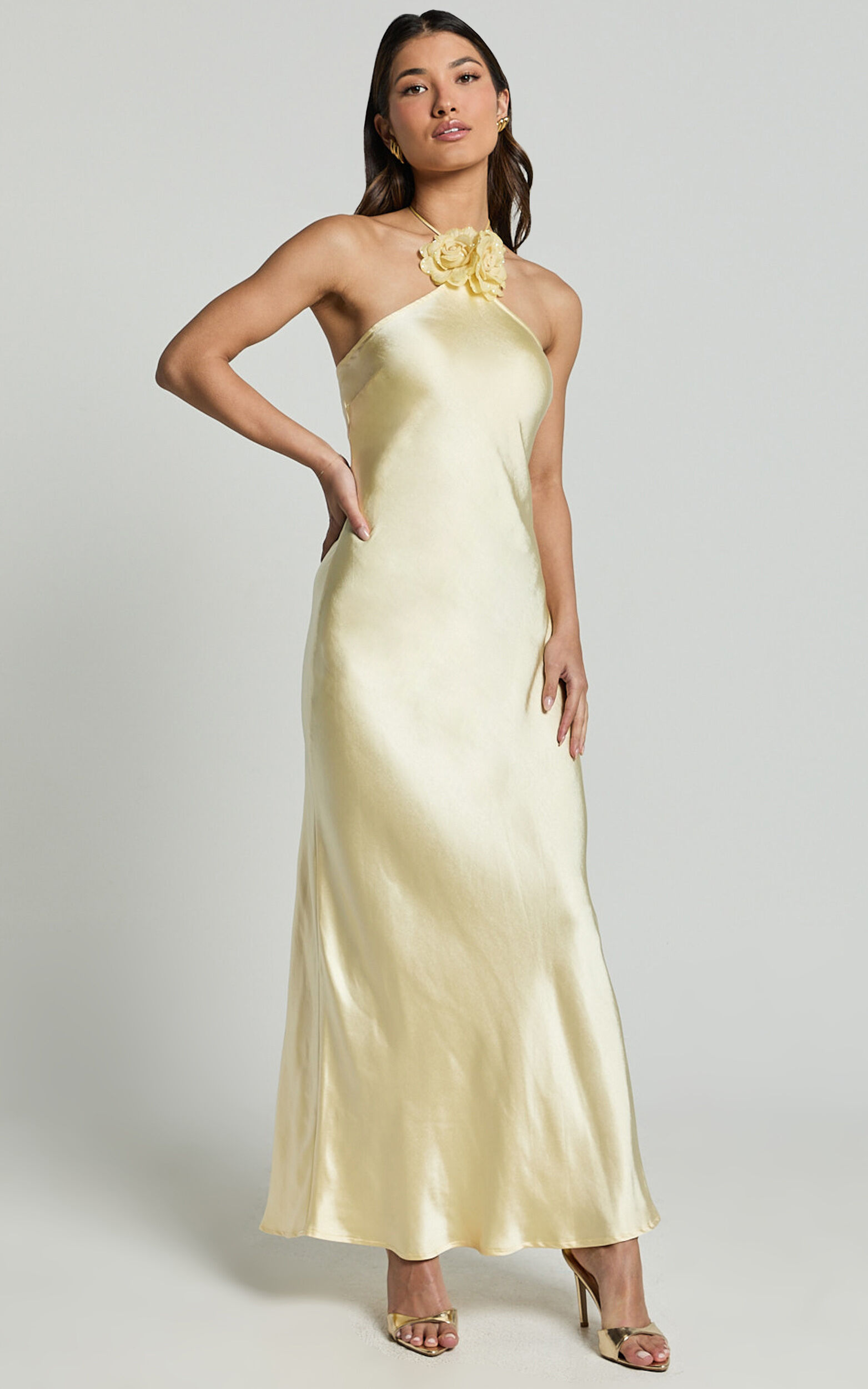 Keithy Midi Dress - Rosette Halter Neck Slip Dress in Lemon