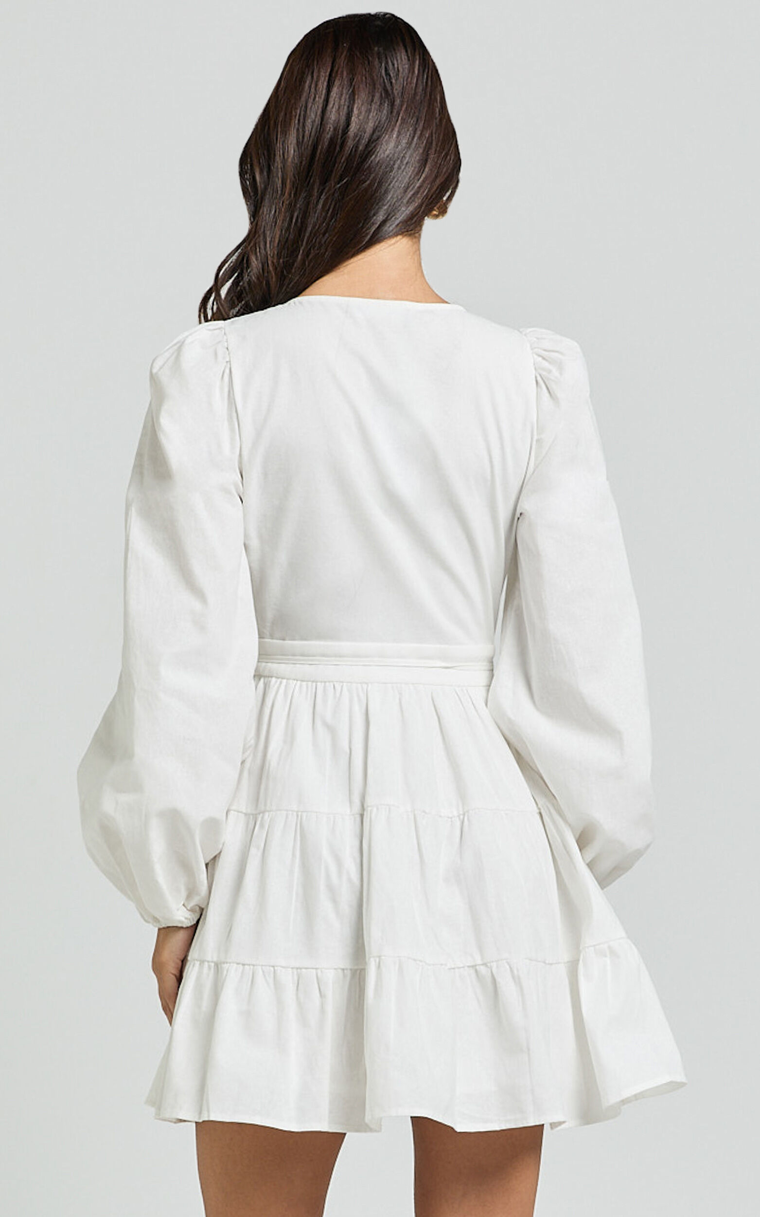 Brenda Mini Dress - Long Puff Sleeve Wrap Linen Blend Dress in Ivory