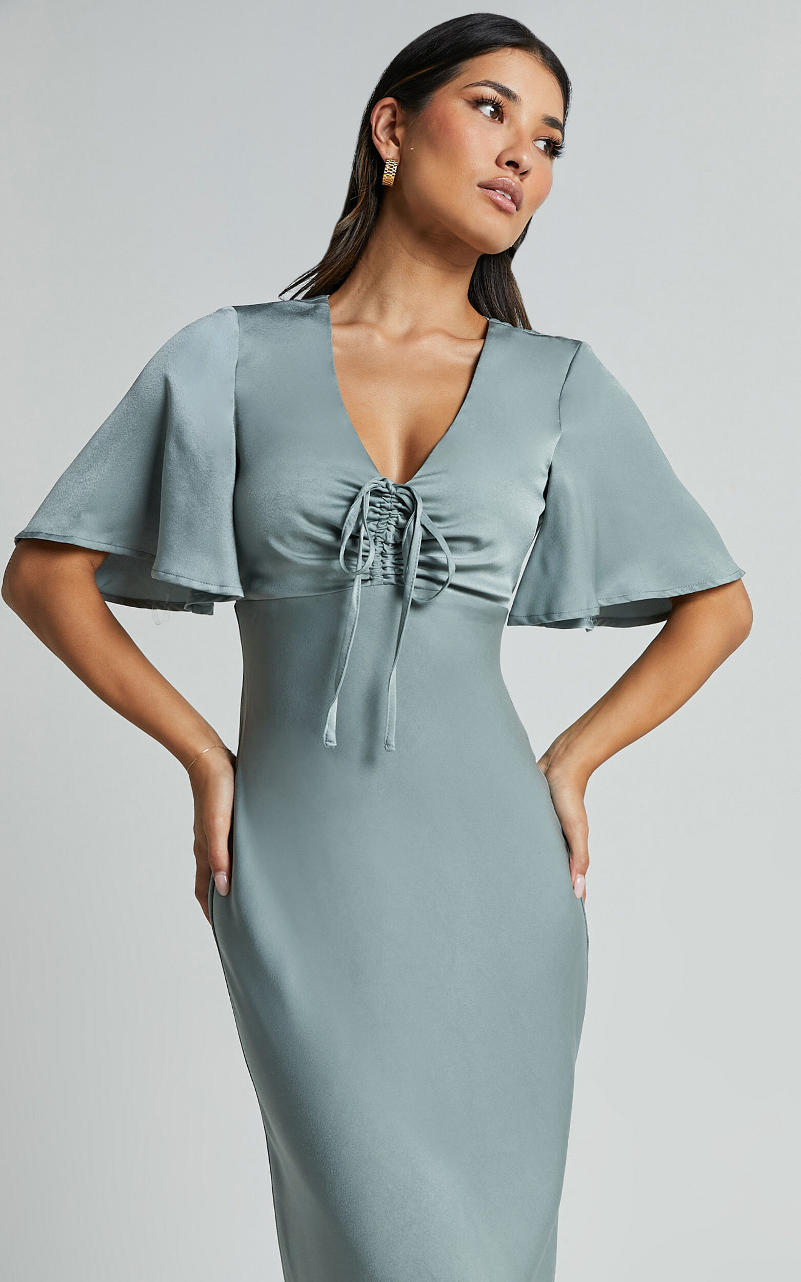 Nicholla Midi Dress - Ruched Front Angel Sleeve Slip Dress in Sage