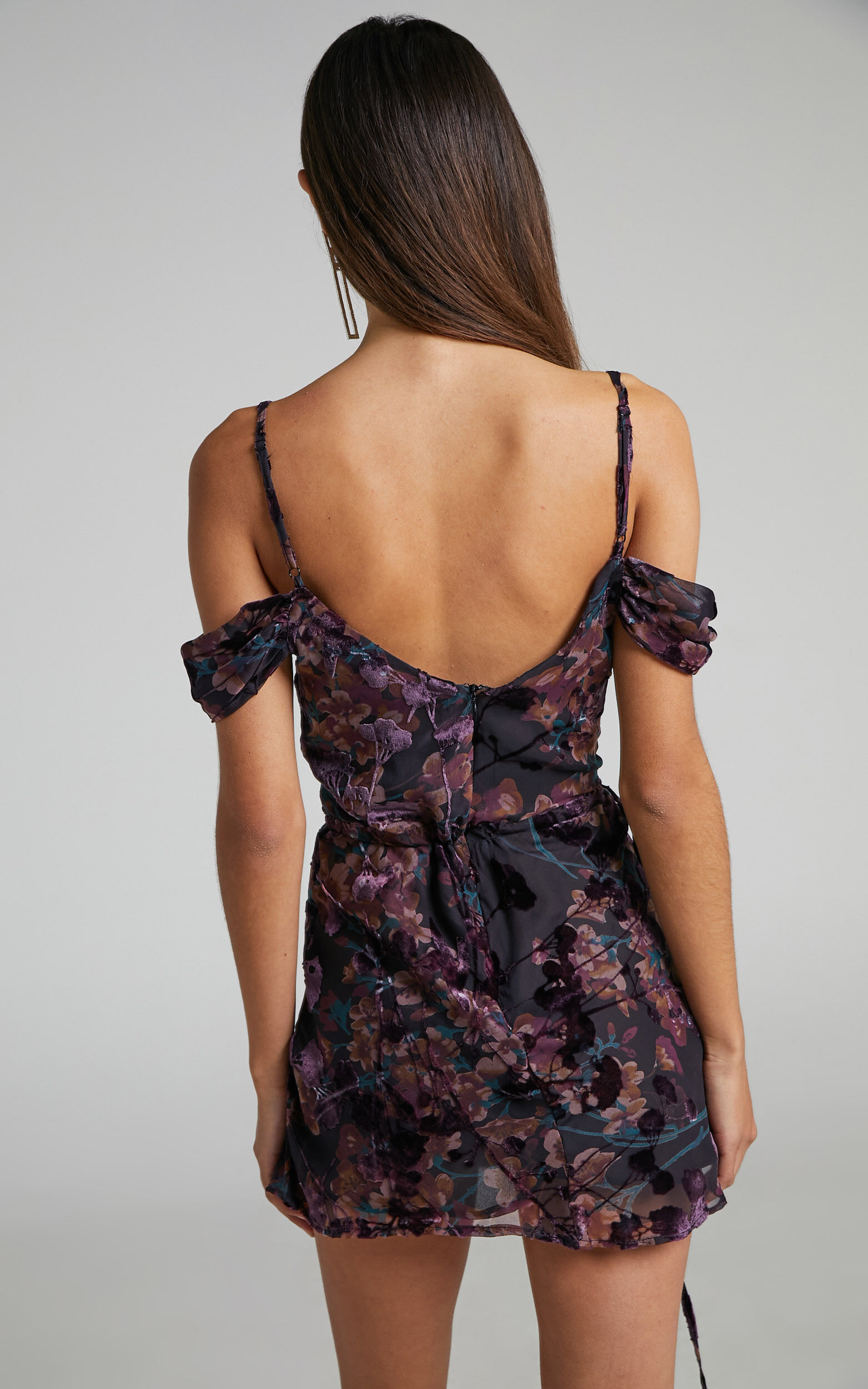 Aletta Mini Dress - Strappy Off Shoulder Cowl Neck Dress in Aletta Burn Out Floral