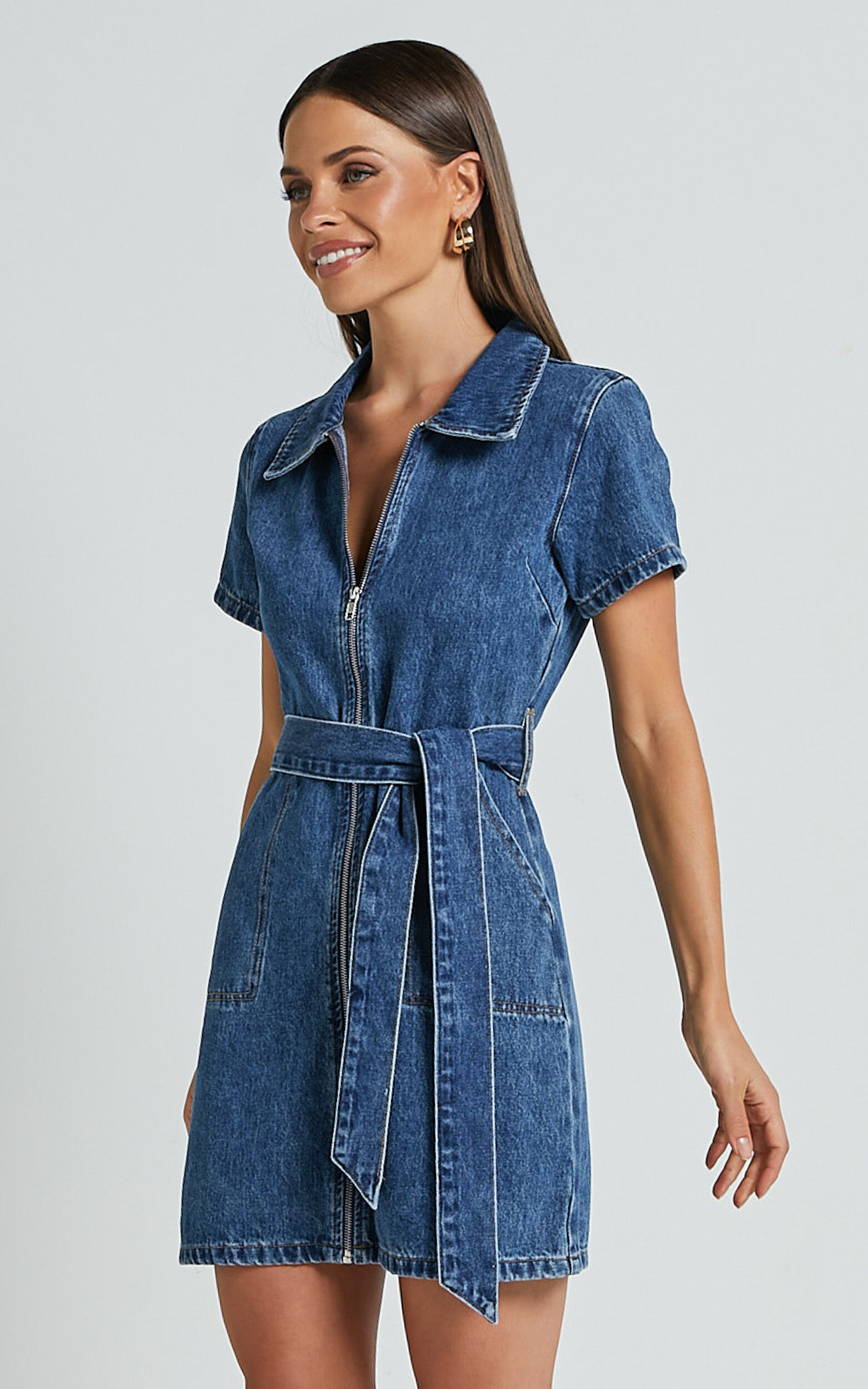 Nandini Mini Dress - Zip Through Denim Dress in Blue