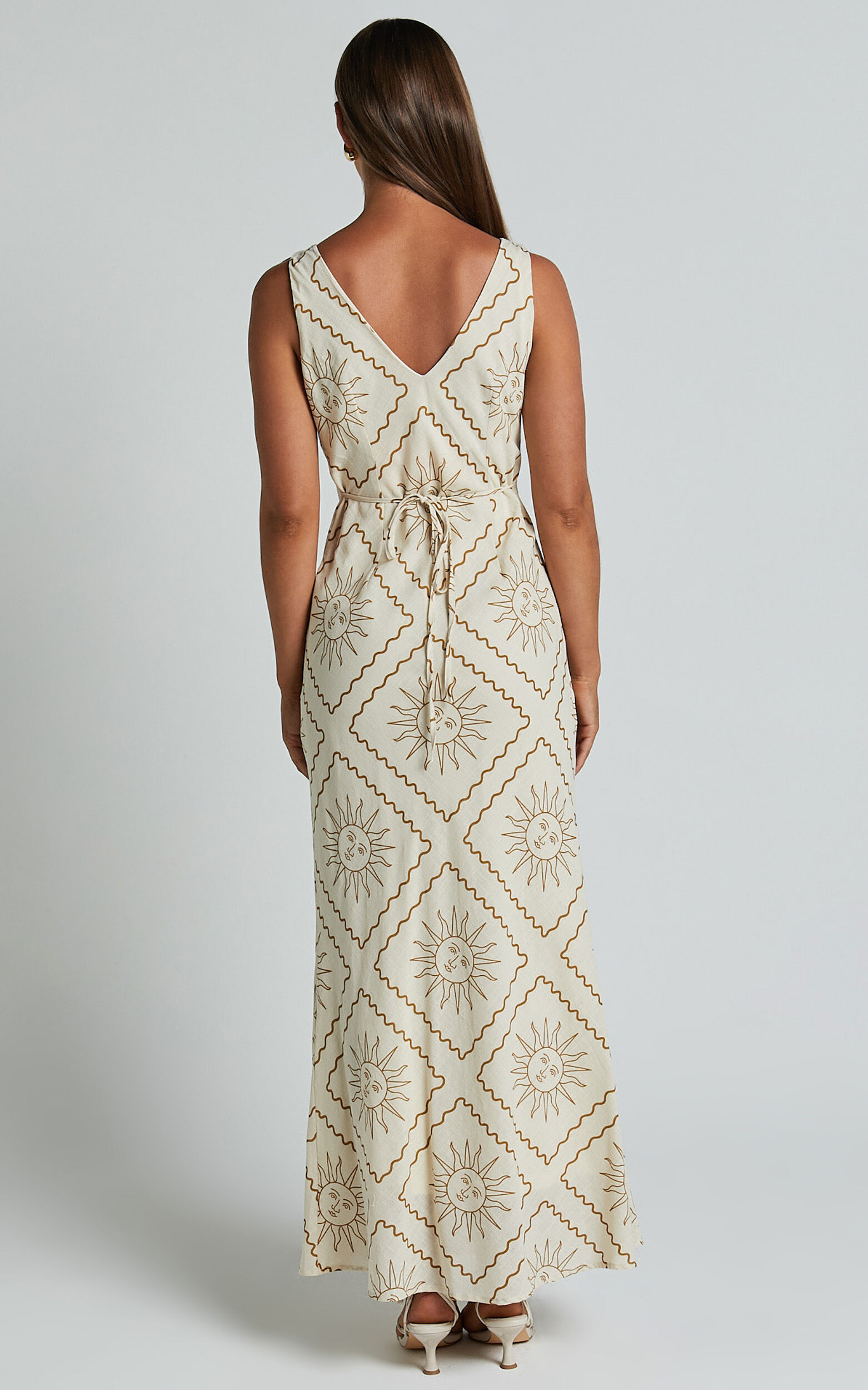 Sharlyn Midi Linen Dress - Deep V Neck Sleeveless Slip Dress in Beige Sun Print