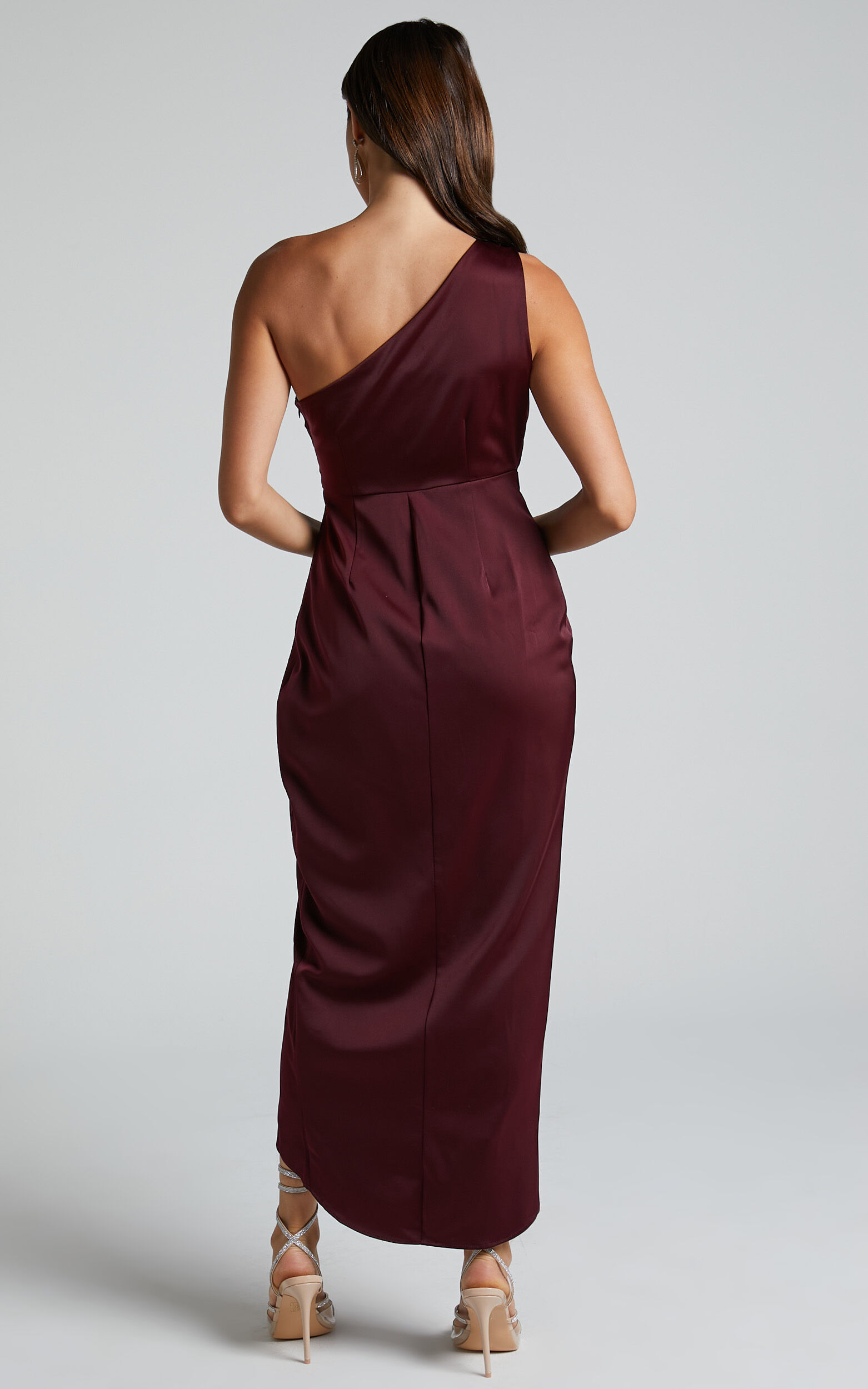 Felt So Happy Midi Dress - One Shoulder Drape Dress in Wine