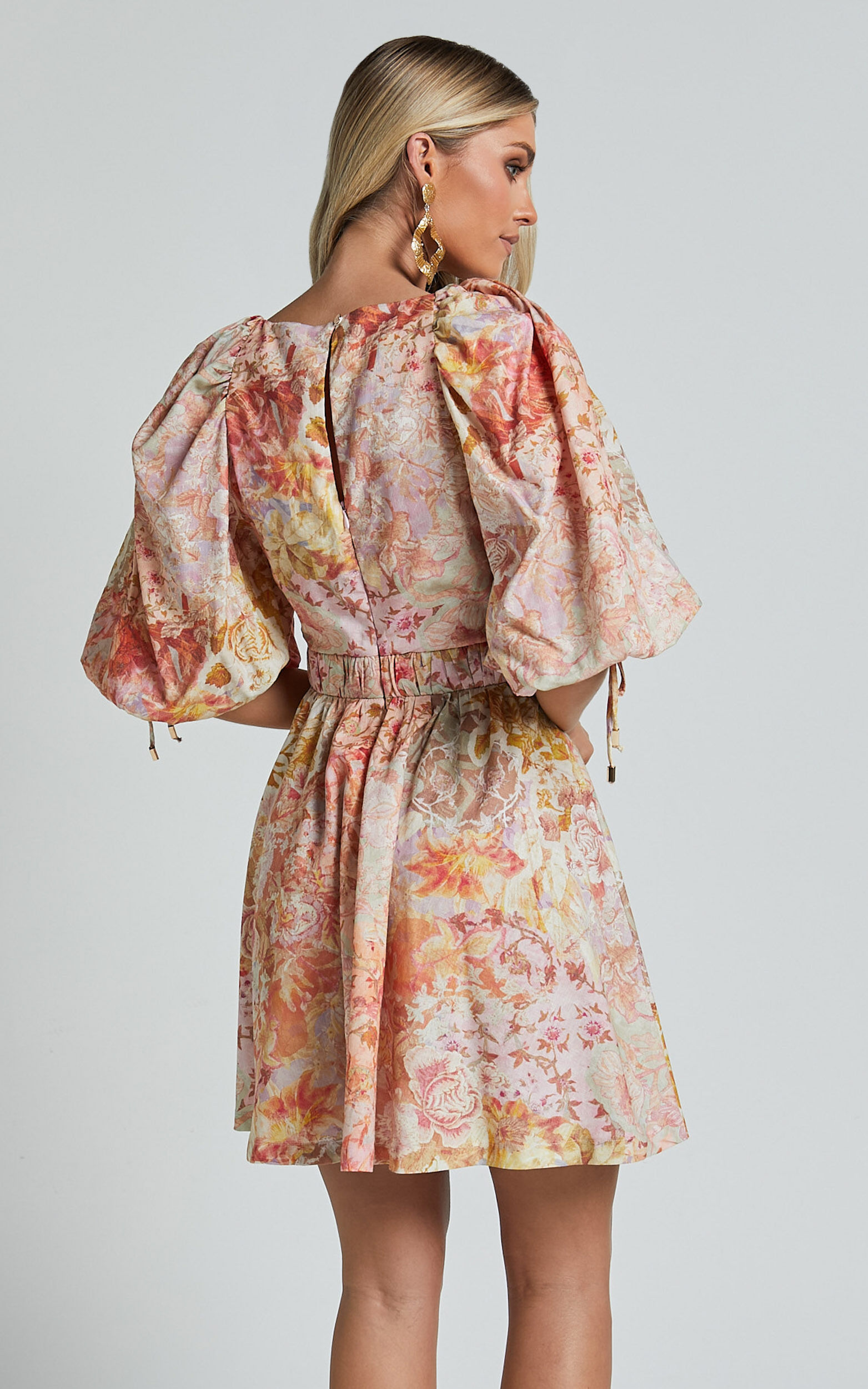 Amalie The Label - Movida Linen Blend Balloon Sleeve Crossover Band Mini Dress in Morocco Print