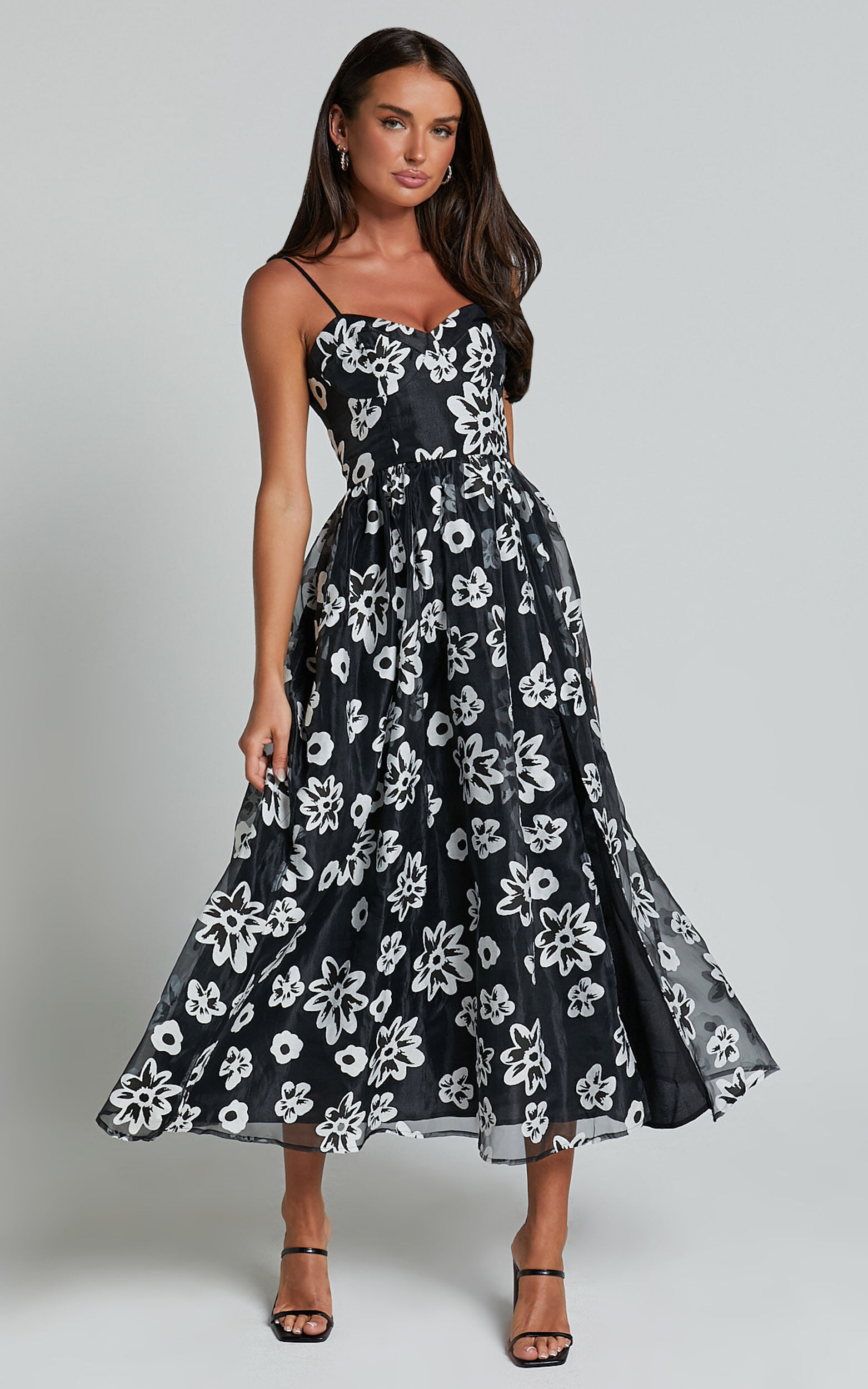 Nikky Midi Dress - Organza Full Skirt Dress in Black Floral