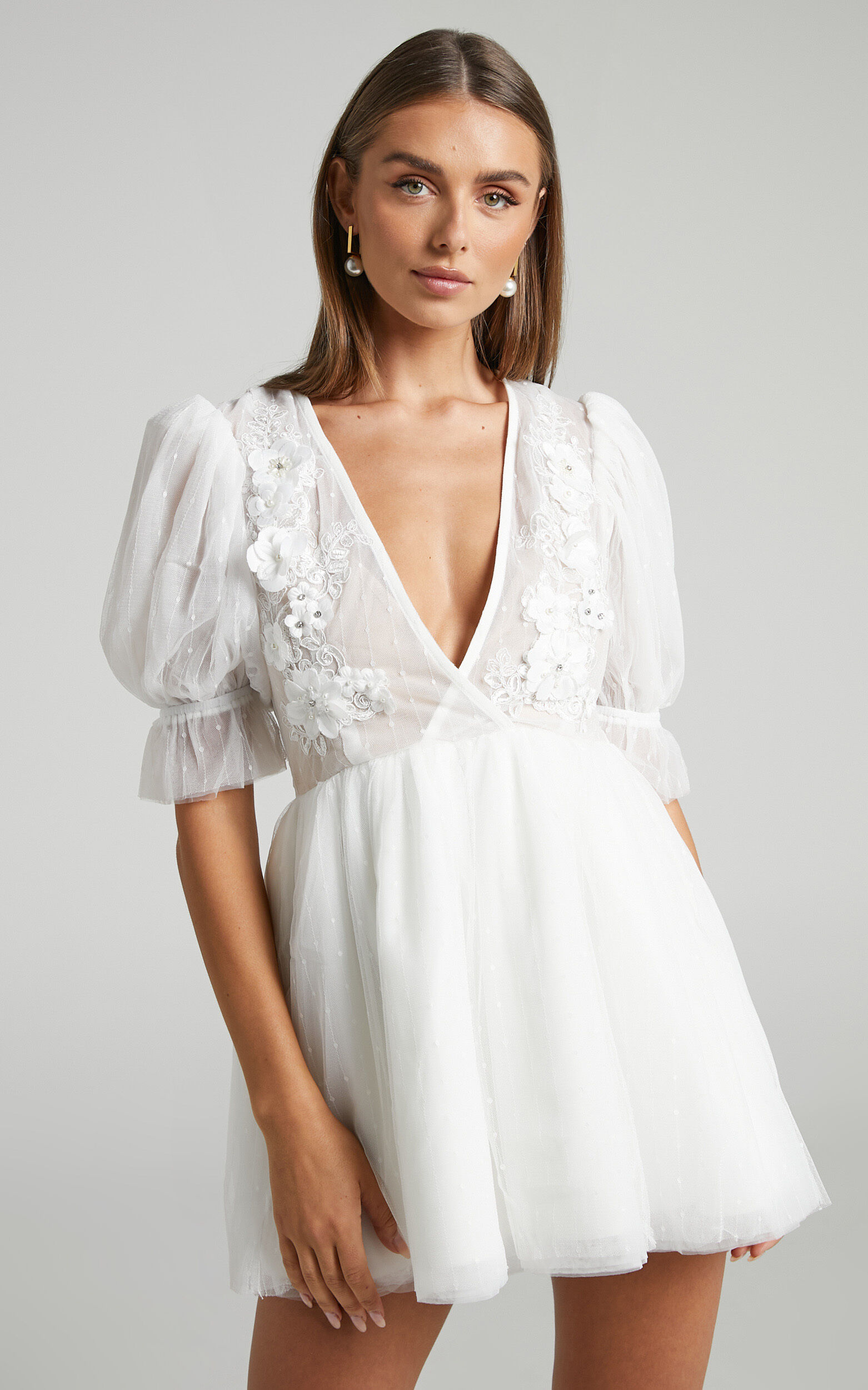 Akshia Mini Dress - Puff Sleeve Floral Detail Plunge Neck Dress in White