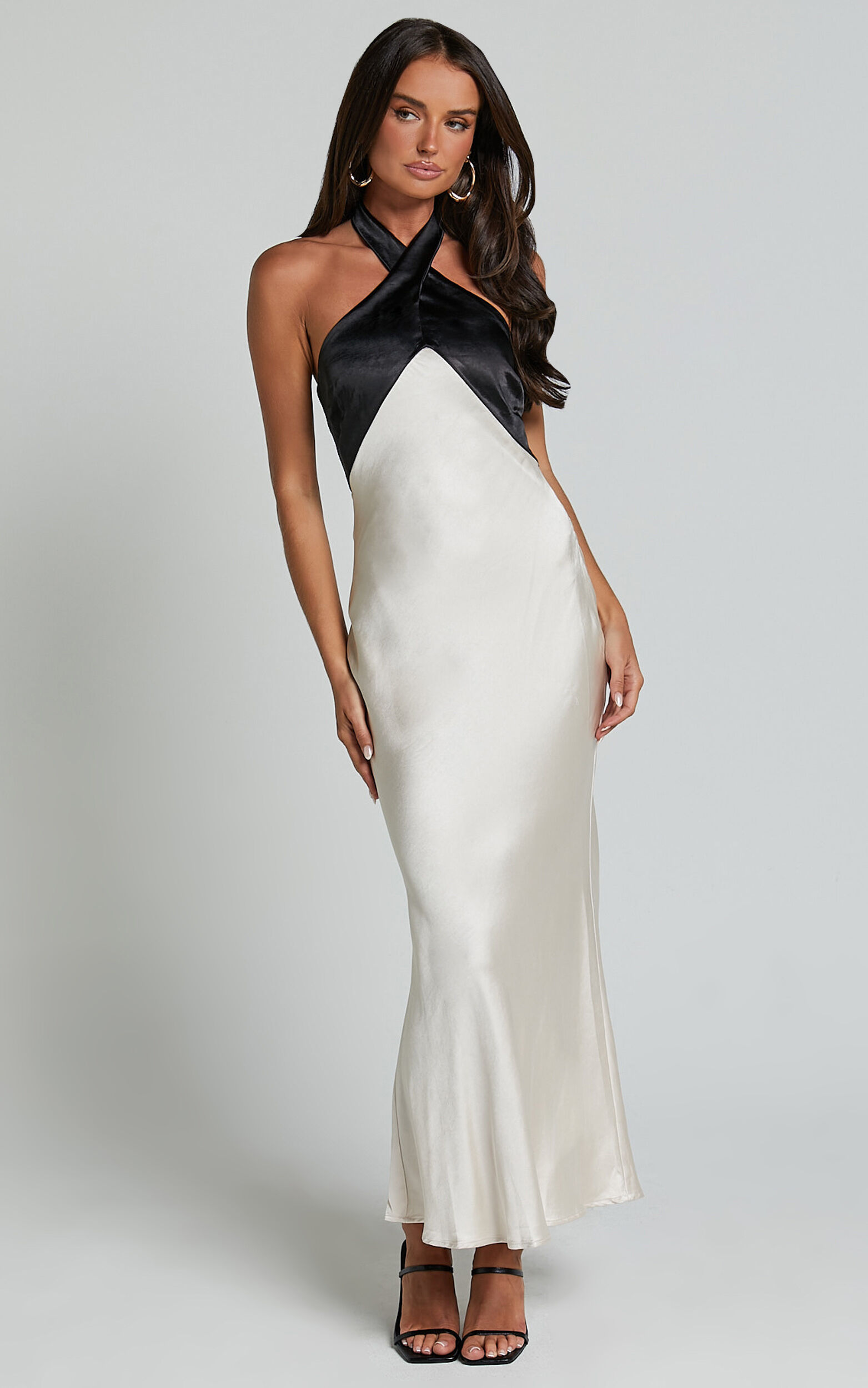 Trixie Midi Dress - Halter Neck Contrast Satin Slip Dress in Ivory