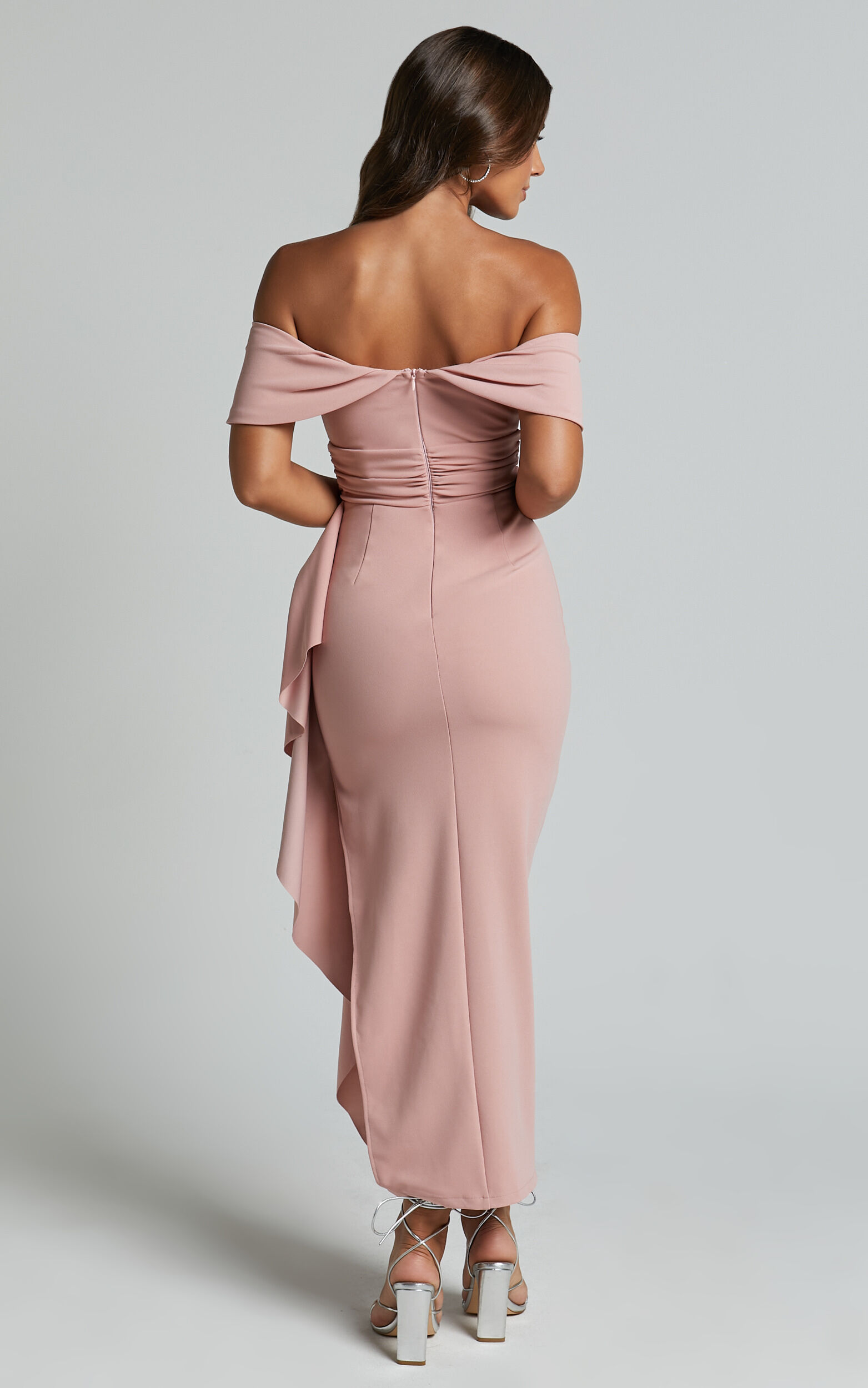 Cleo Midi Dress - Off The Shoulder Ruffle Split Dress in Blush