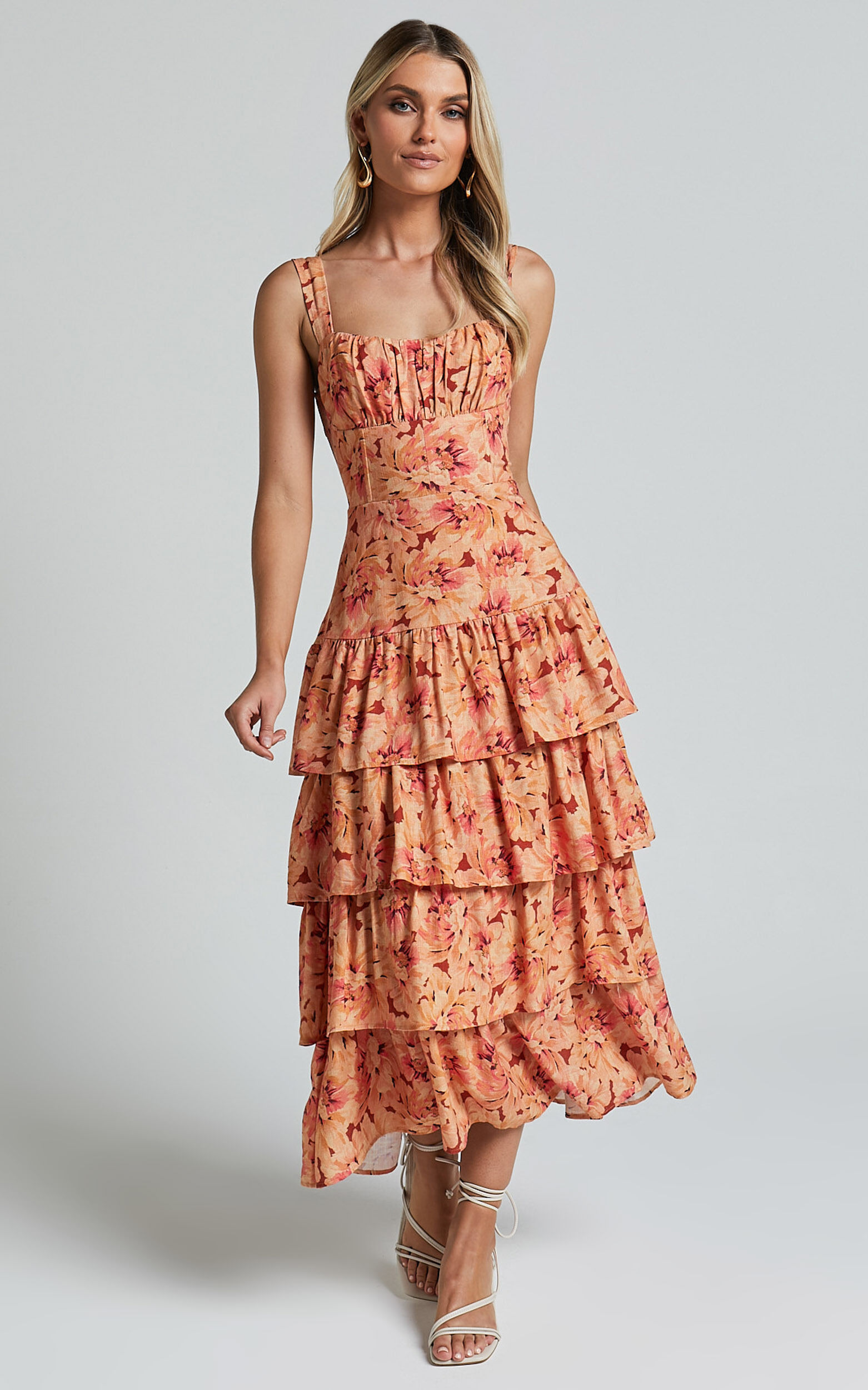 Amalie The Label - Adela Linen Look Blend Tiered Midi Dress in Valencia Print
