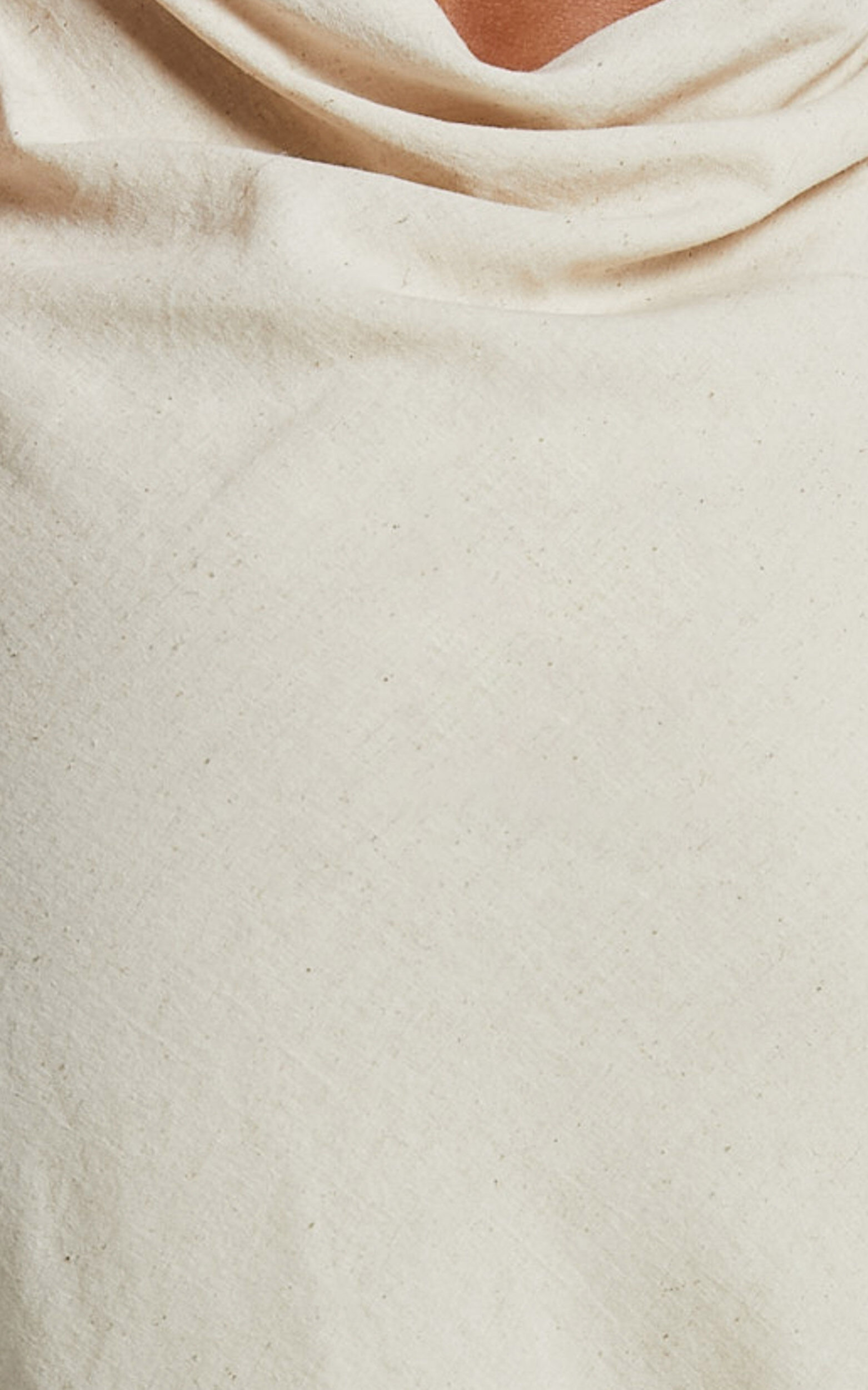 Dovie Midi Dress - Linen V Neck Low Back Cut Out Flare Dress in Beige and White