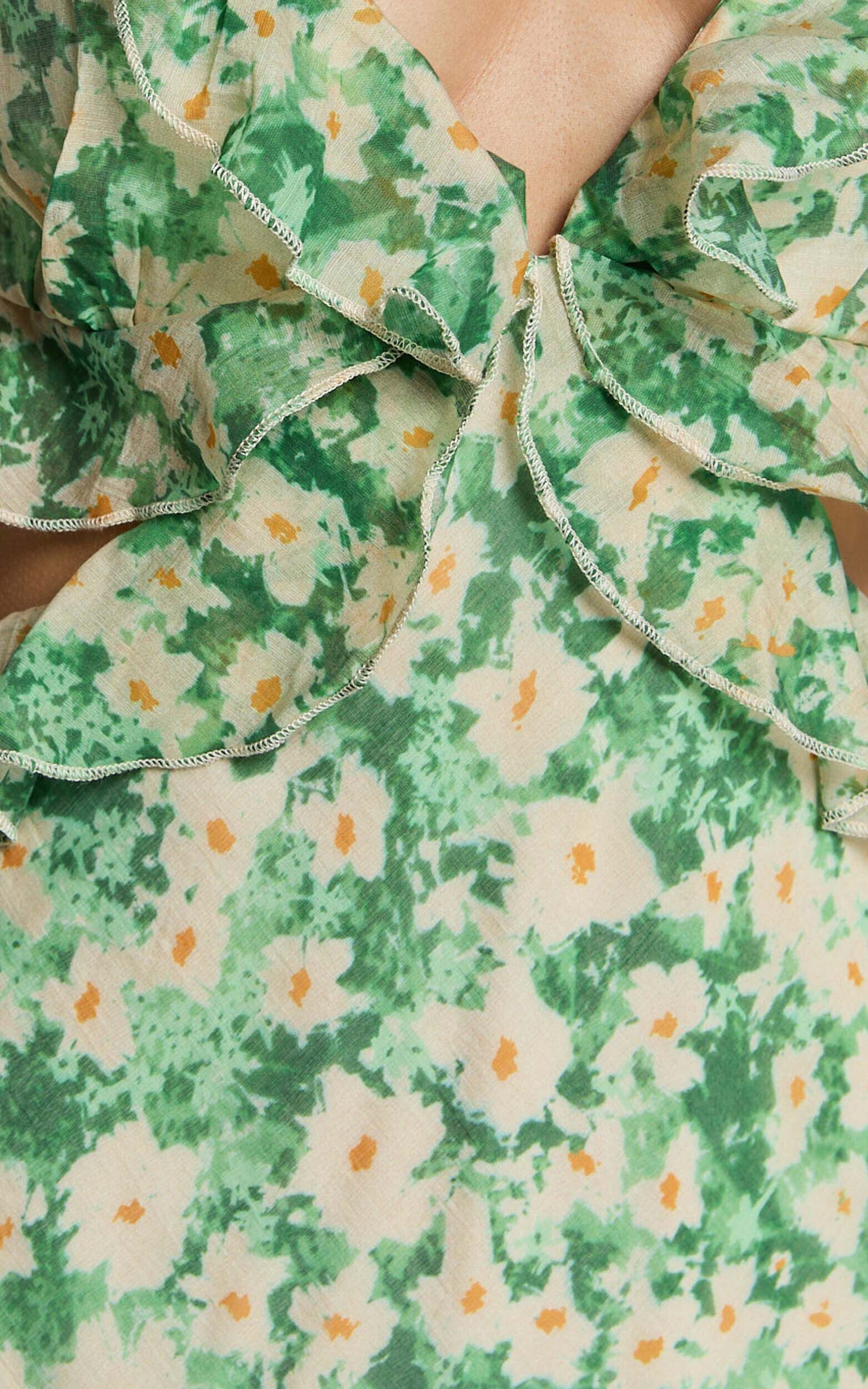Dahlia Midi Dress - Ruffle Details Slip Dress in Green Floral