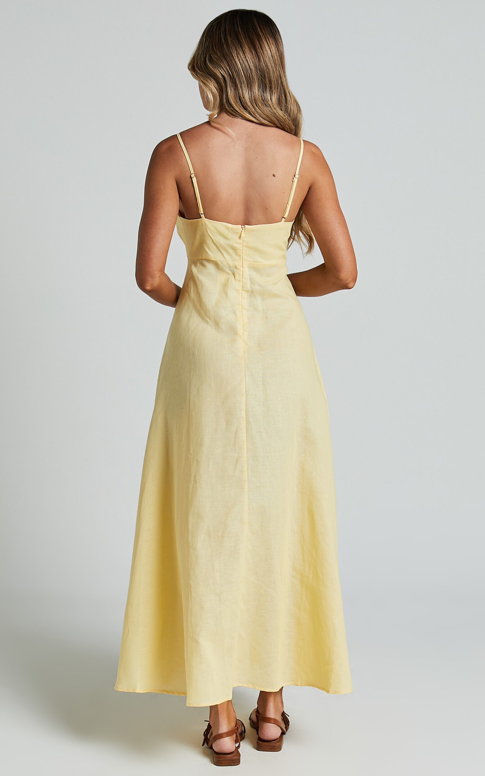 Brette Midi Dress - Linen Straight Neck Strappy Fit And Flare Dress in Lemon